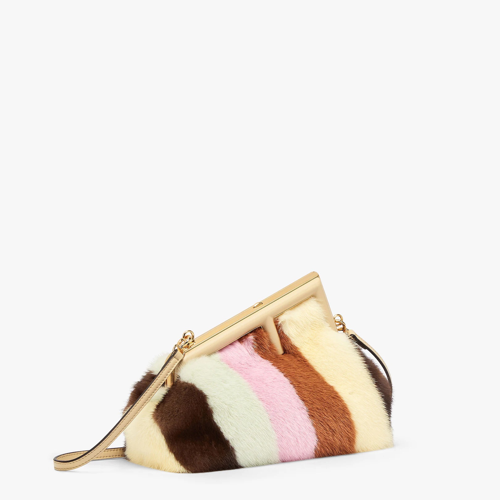 Small Fendi First bag in soft mink with hand inlays to create a multicolored diagonal striped motif. - 2