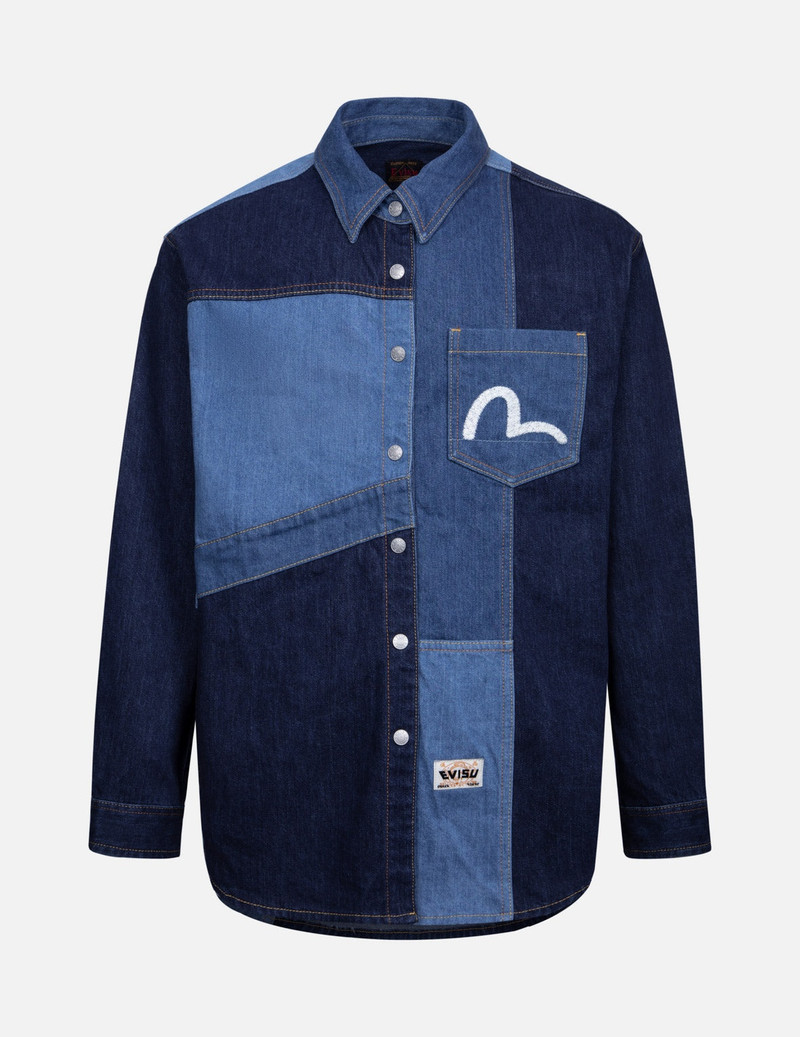 Patchwork with Seagull Embroidery Relax Fit Denim Shirt 1