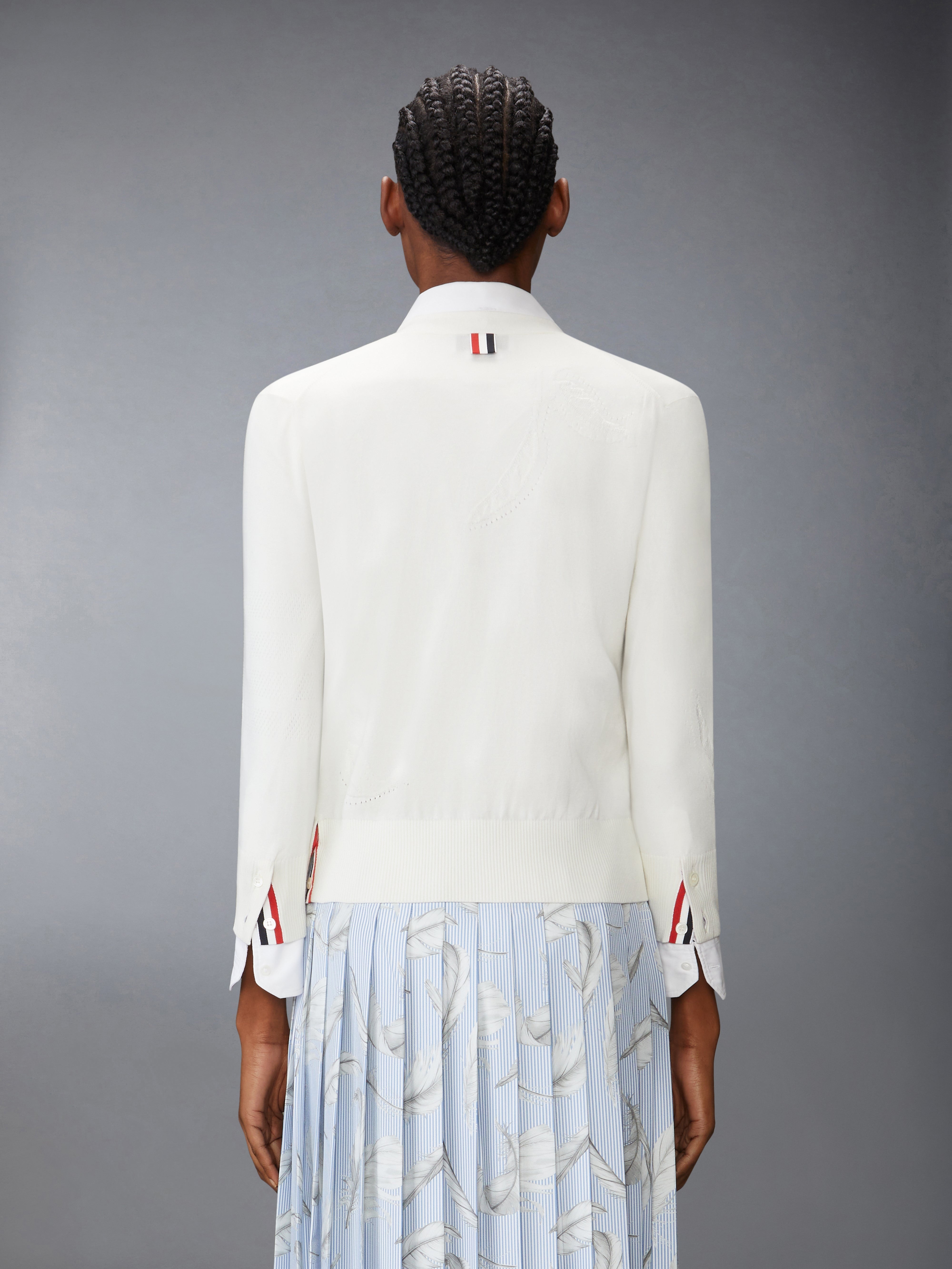 FEATHER INTARSIA POINTELLE 4-BAR V NECK CARDIGAN - 3