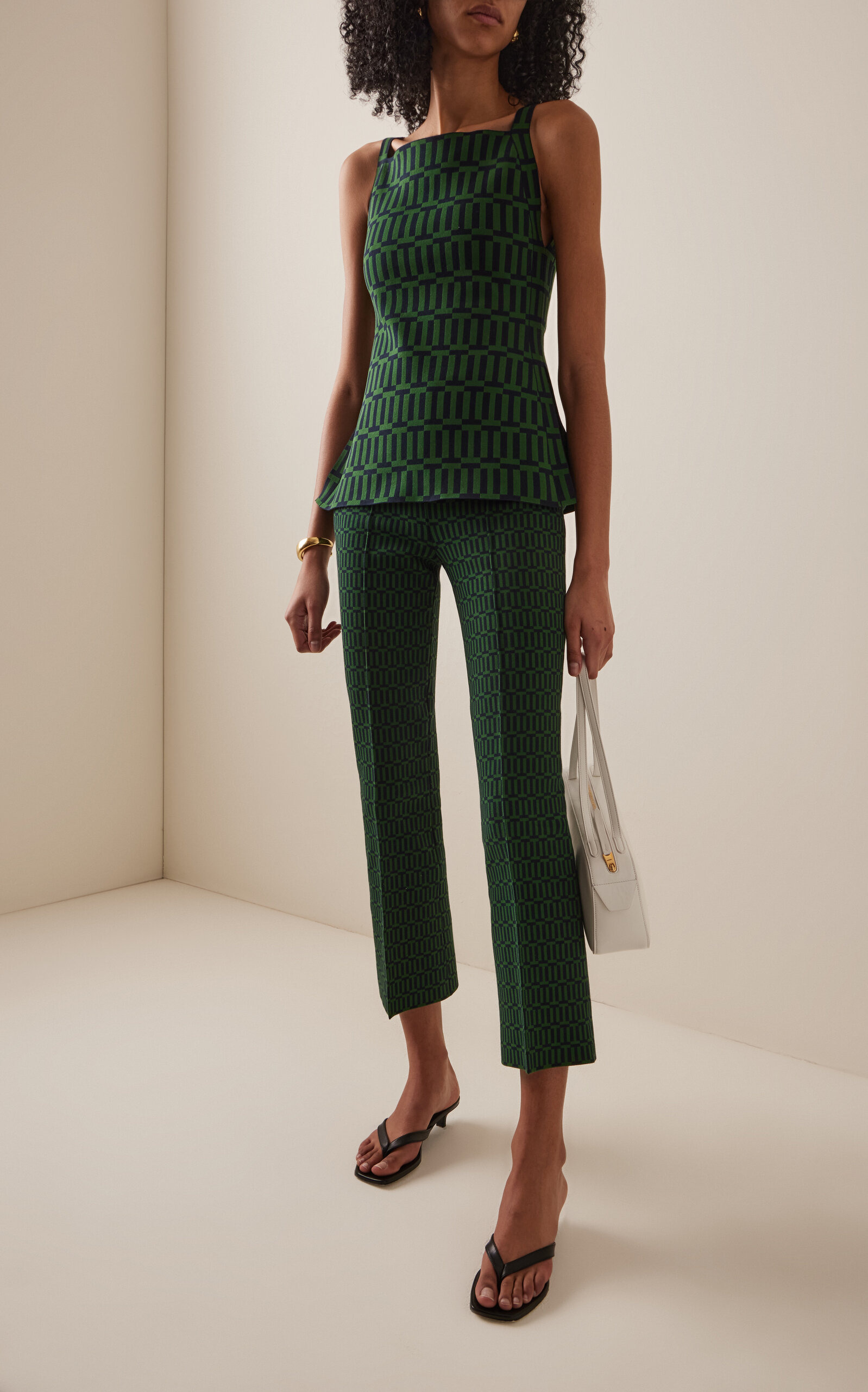 Asher Cotton-Blend Geo-Jacquard Apron Top green - 2
