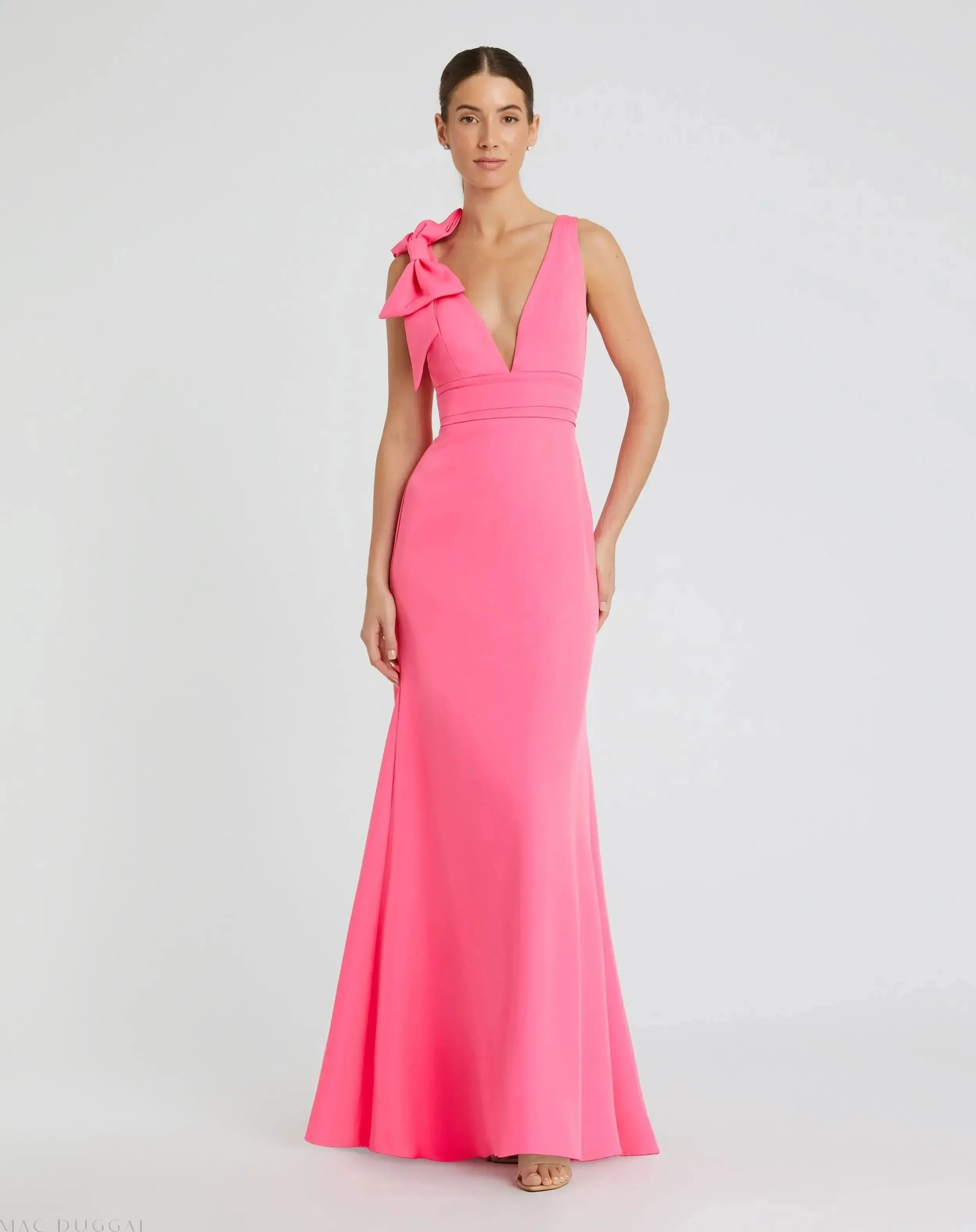 Candy Pink Sleeveless V Neck Bow Detail Mermaid Gown - 1