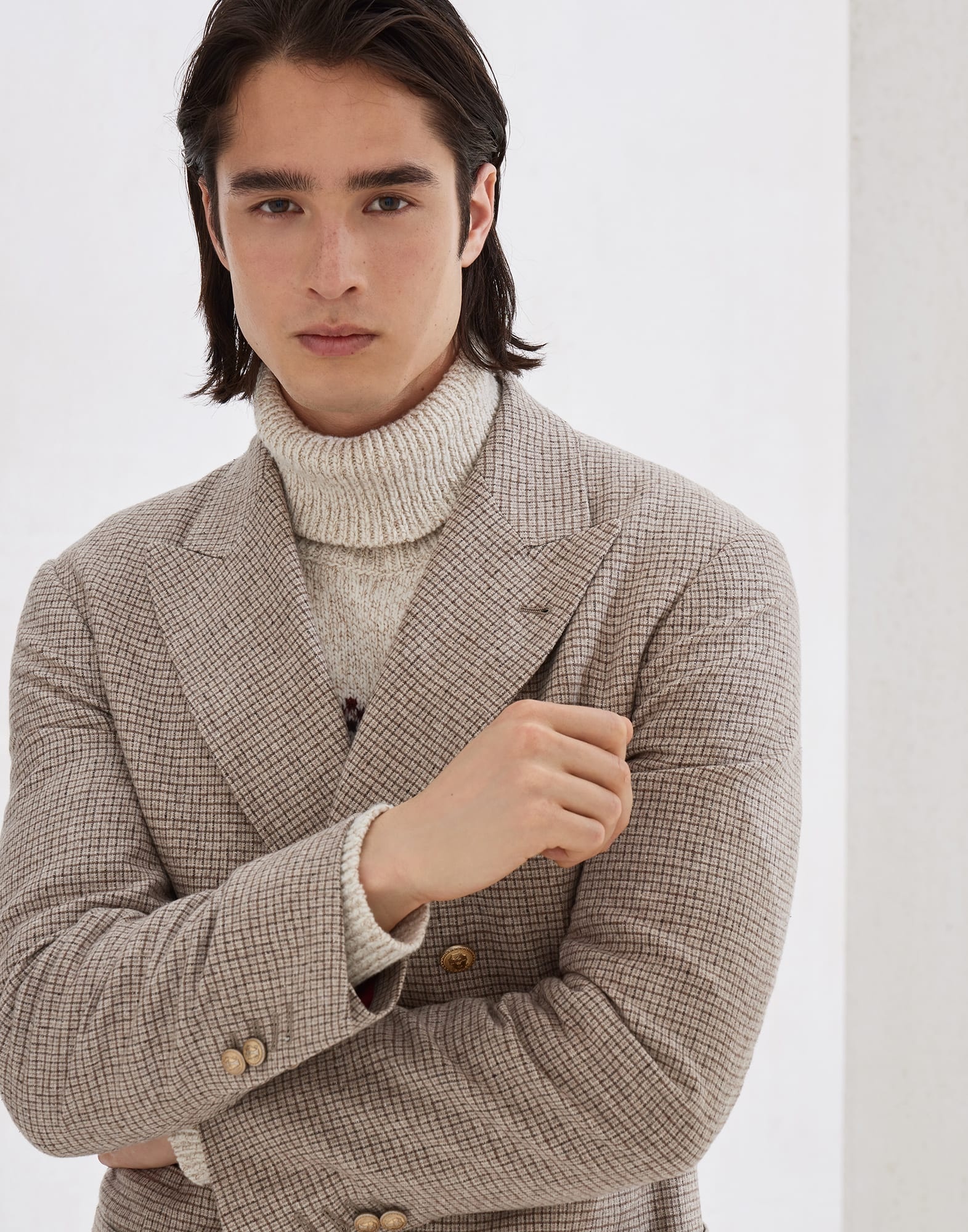 Flecked silk, wool and cashmere checked flannel one-and-a-half breasted deconstructed blazer with pa - 3