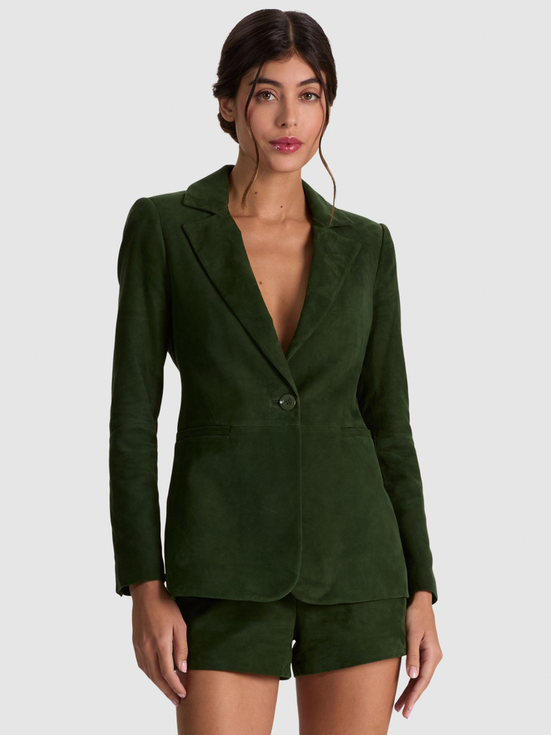 MACEY SUEDE CINCH WAIST BLAZER - DARK FERN 2