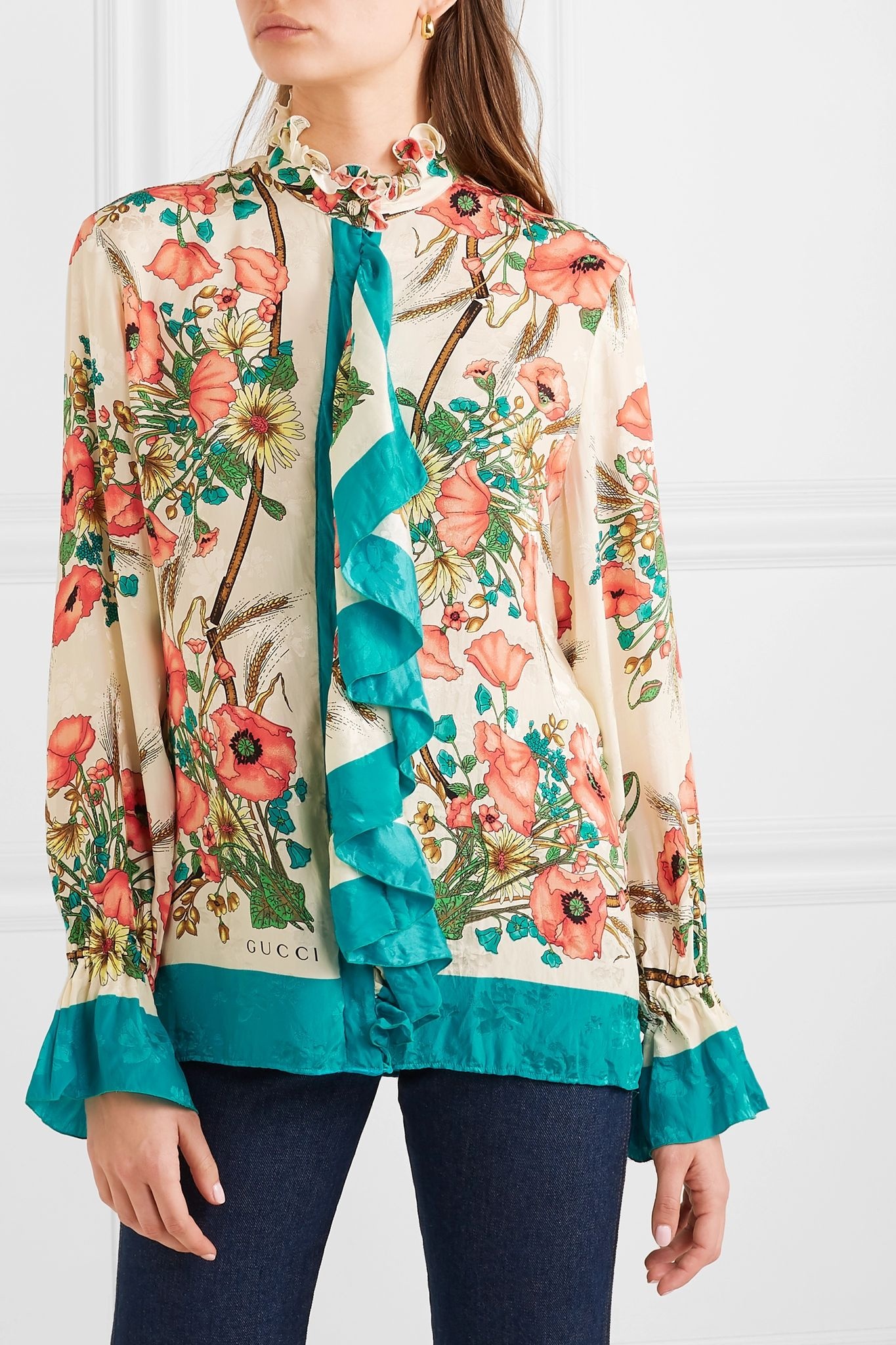 Ruffled floral-print silk-jacquard blouse - 3