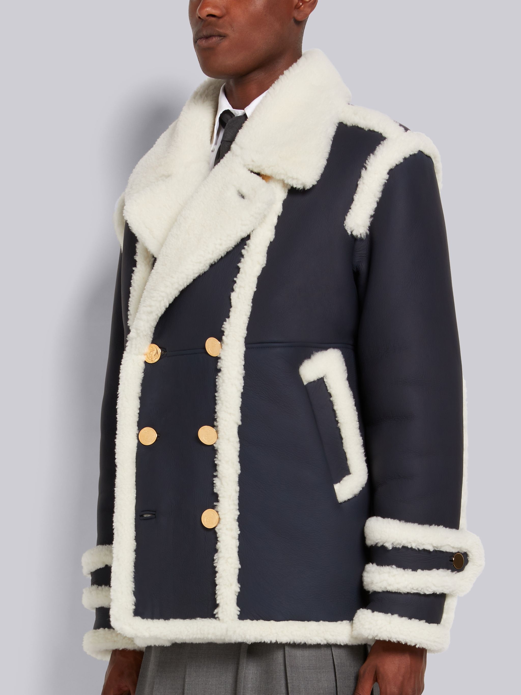 Navy Bicolor Dyed Shearling Peacoat - 2