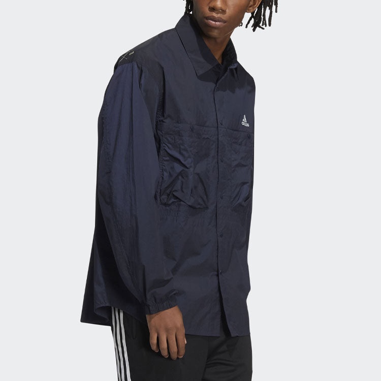 Men's adidas Prsve J Solid Color Sports Cargo Long Sleeves Ink Blue Shirt HD0039 - 4