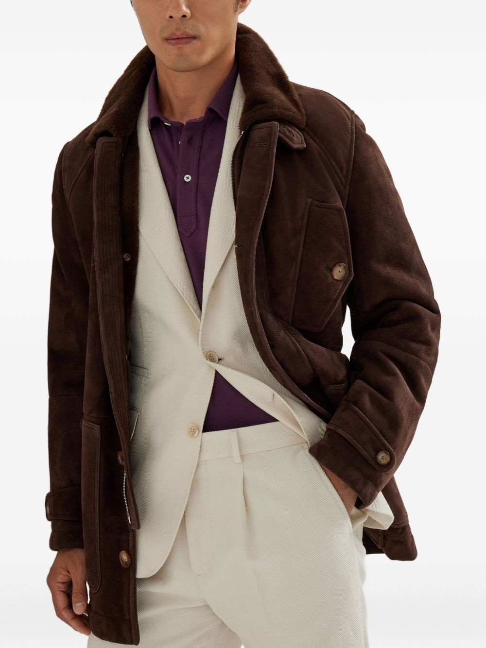 shearling single-breasted coat - 5
