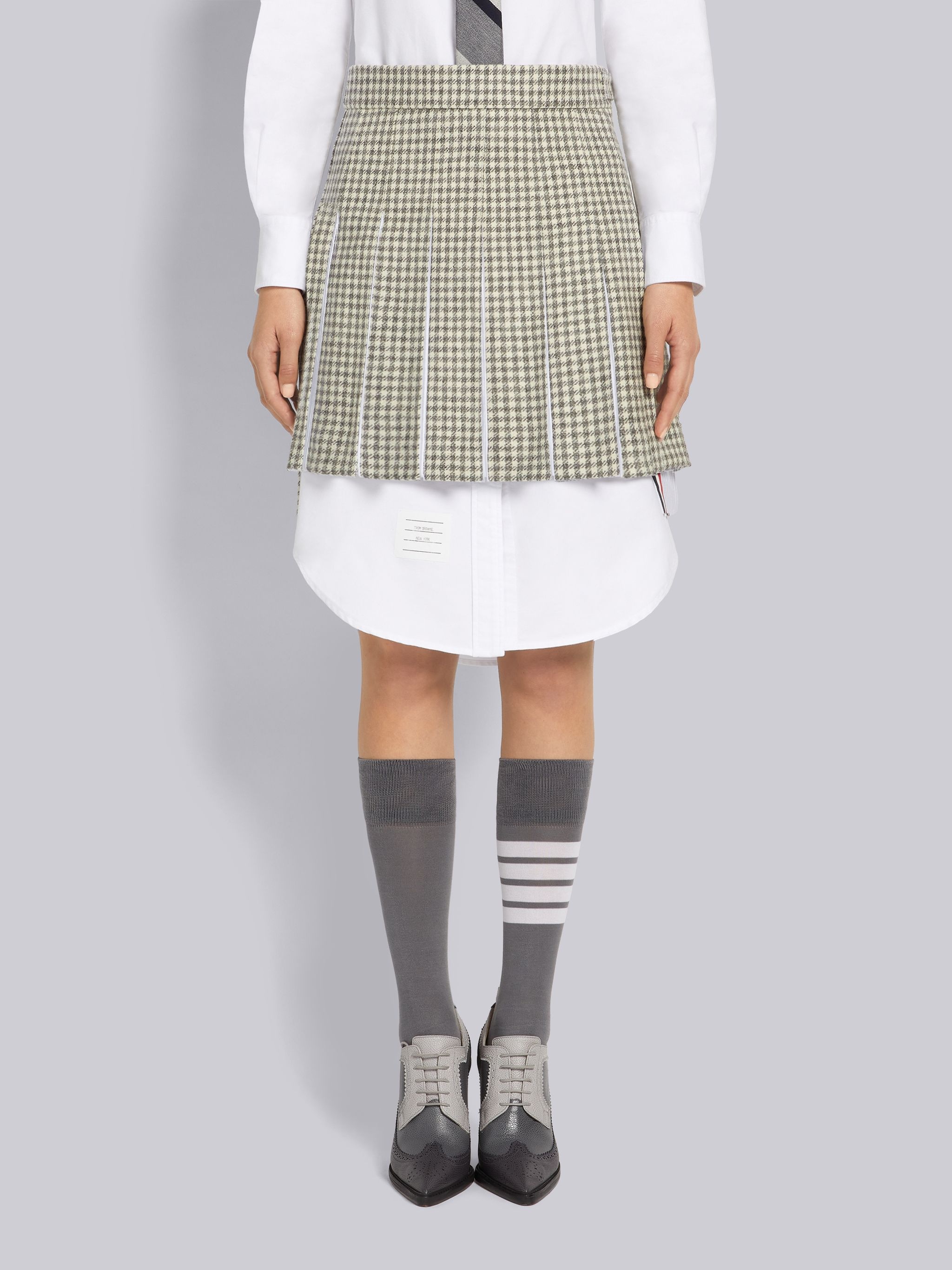 Medium Grey Gunclub Check Wool Hunting Tweed University Stripe Oxford Pleat Dropped Back Miniskirt - 1