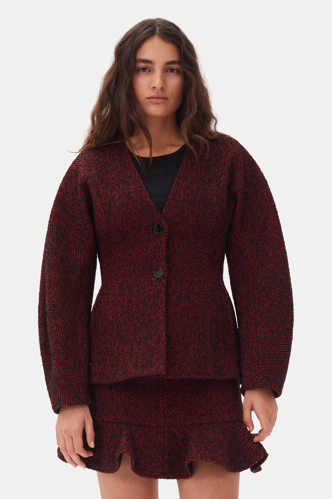 RED HERRINGBONE WOOL CURVE SLEEVE BLAZER - 2