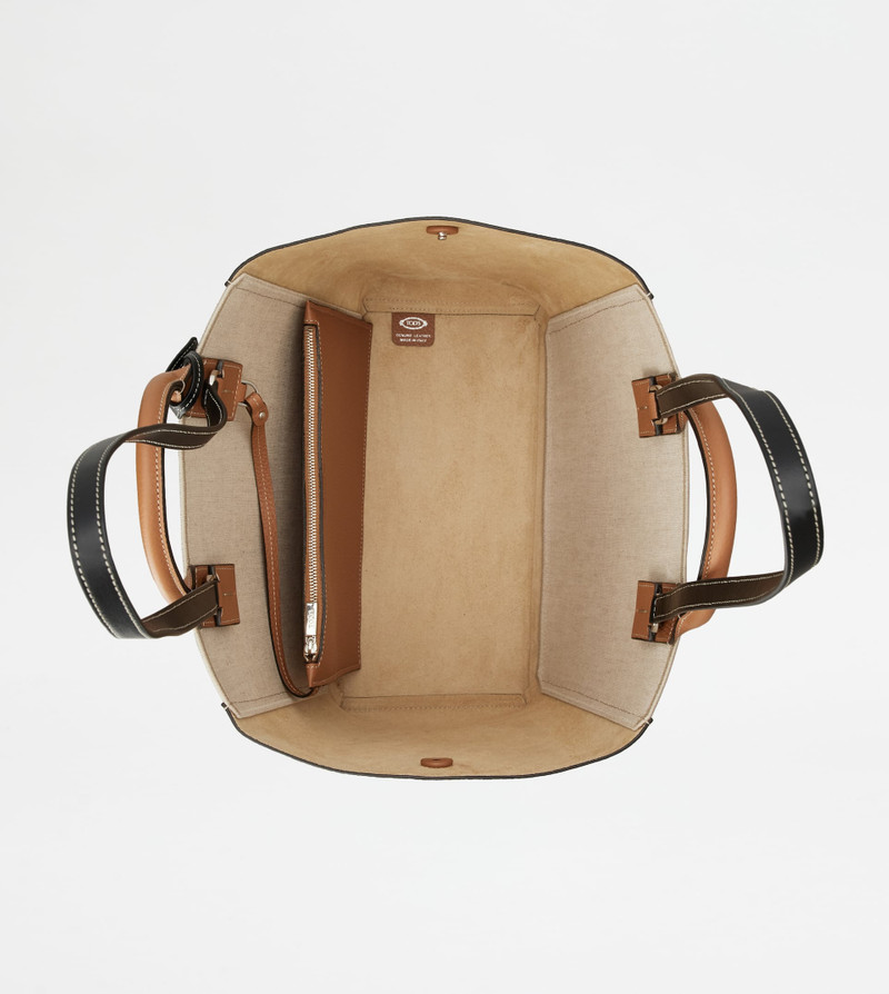 TOD'S DOUBLE UP SHOPPING BAG IN LEATHER AND CANVAS MEDIUM - BROWN, OFF WHITE 4
