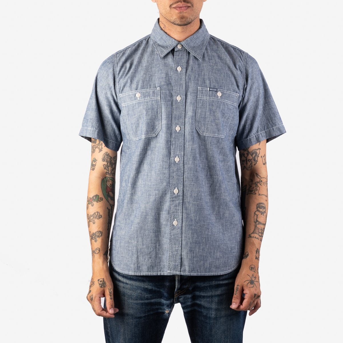 IHSH-285-PIN 5.5oz Selvedge Pinstripe Chambray Short Sleeve Work Shirt - Indigo - 2