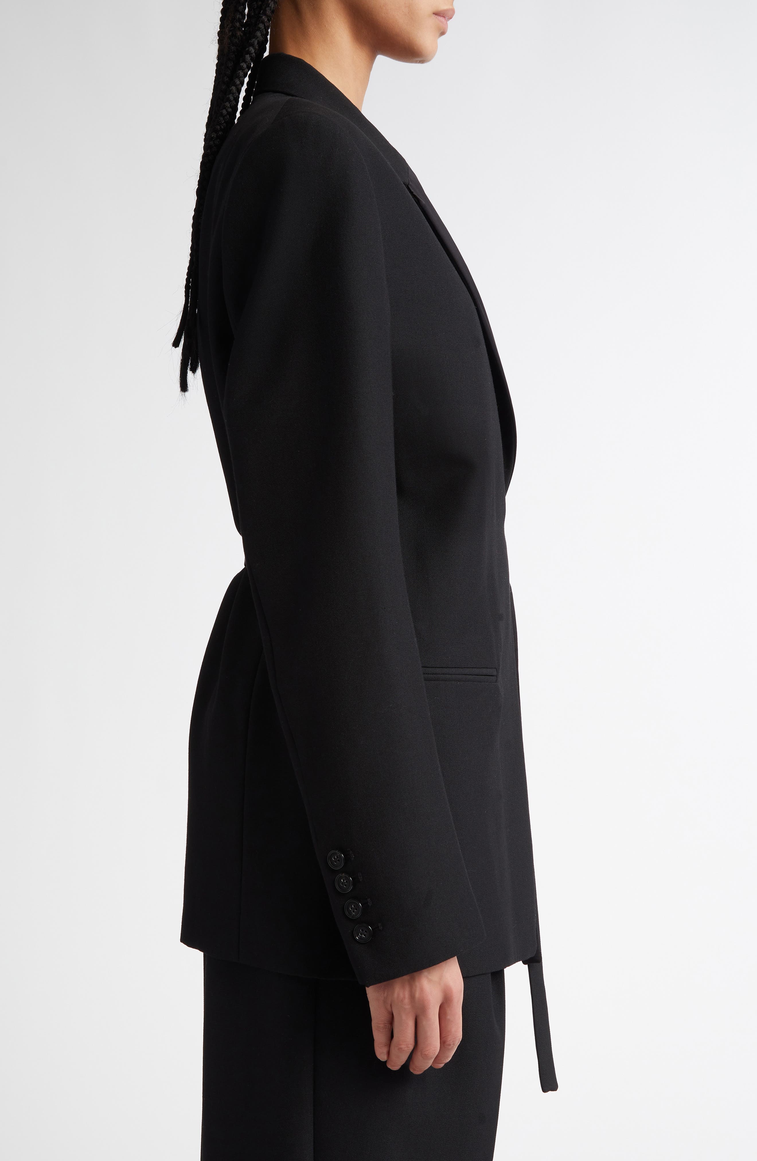 TOTEME Satin Lapel Recycled Polyester & Wool Wrap Blazer in Black at Nordstrom - 4