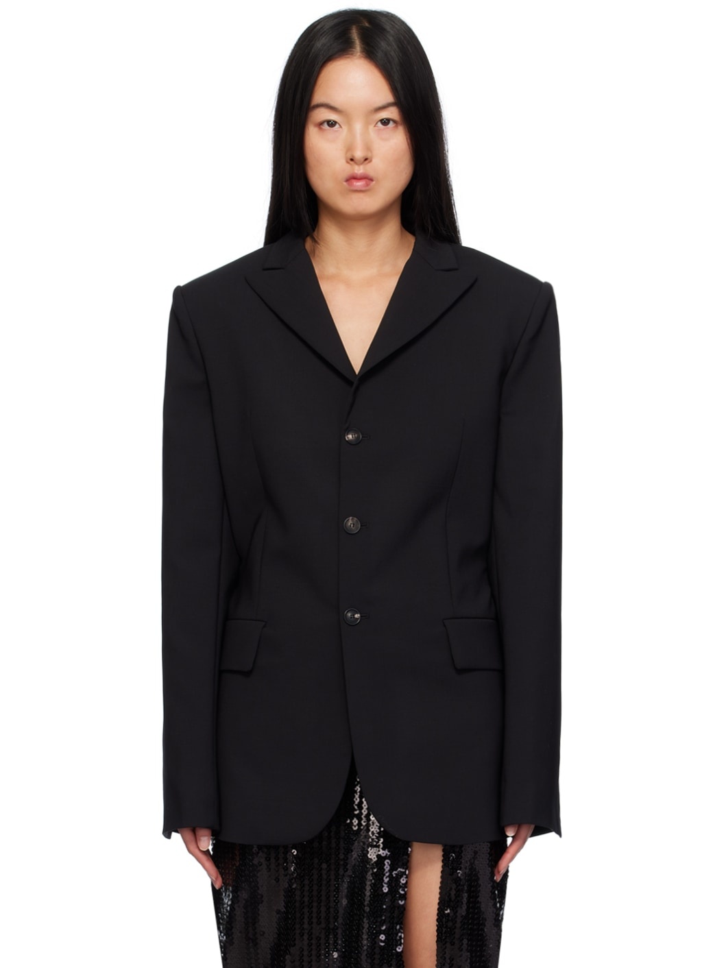 Black Peaked Lapel Blazer - 1