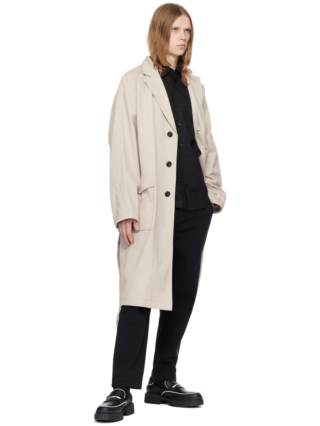 Beige Notched Lapel Trench Coat - 4