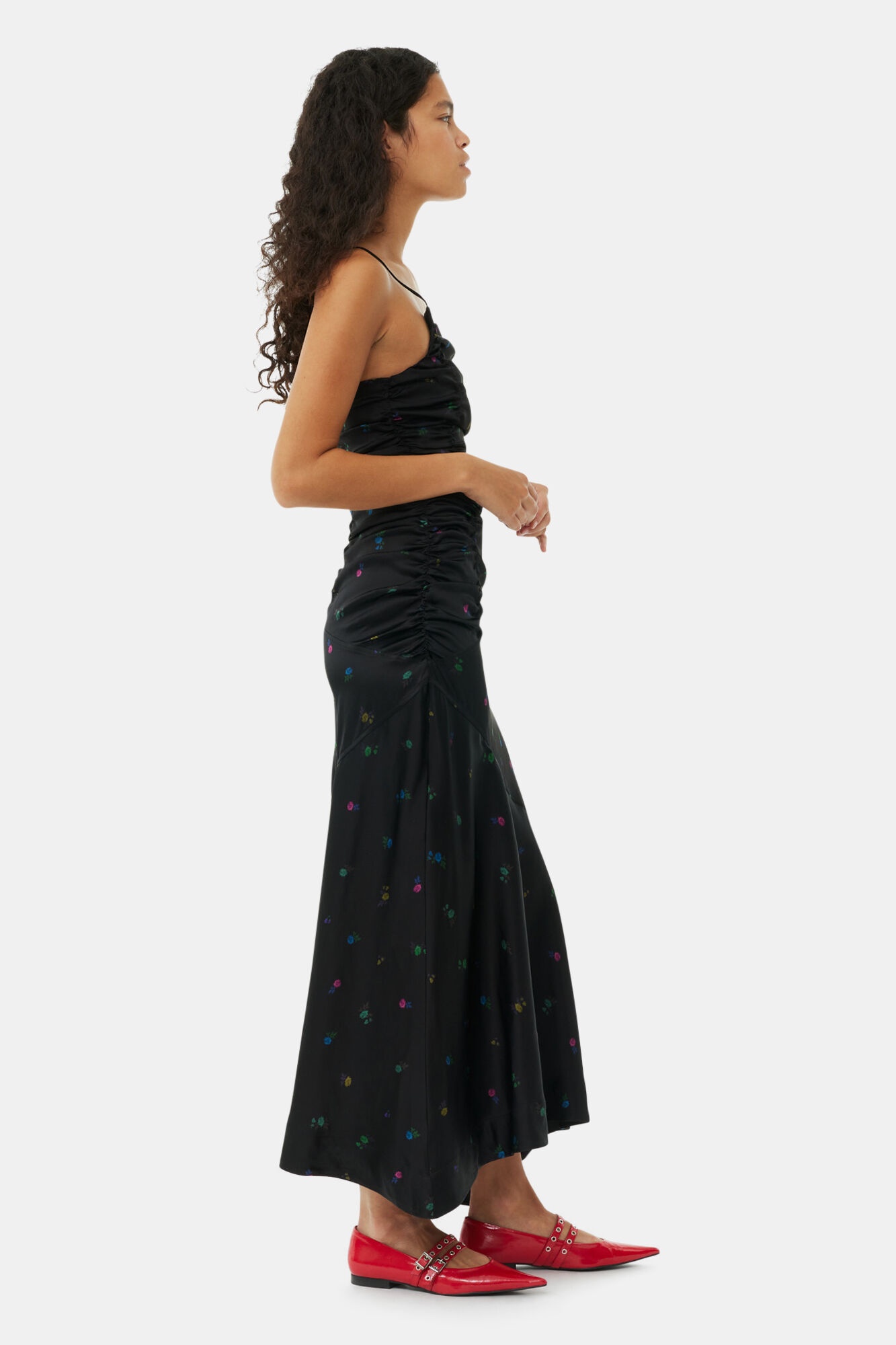 FLORAL SATIN RUCHED LONG SLIP DRESS - 4