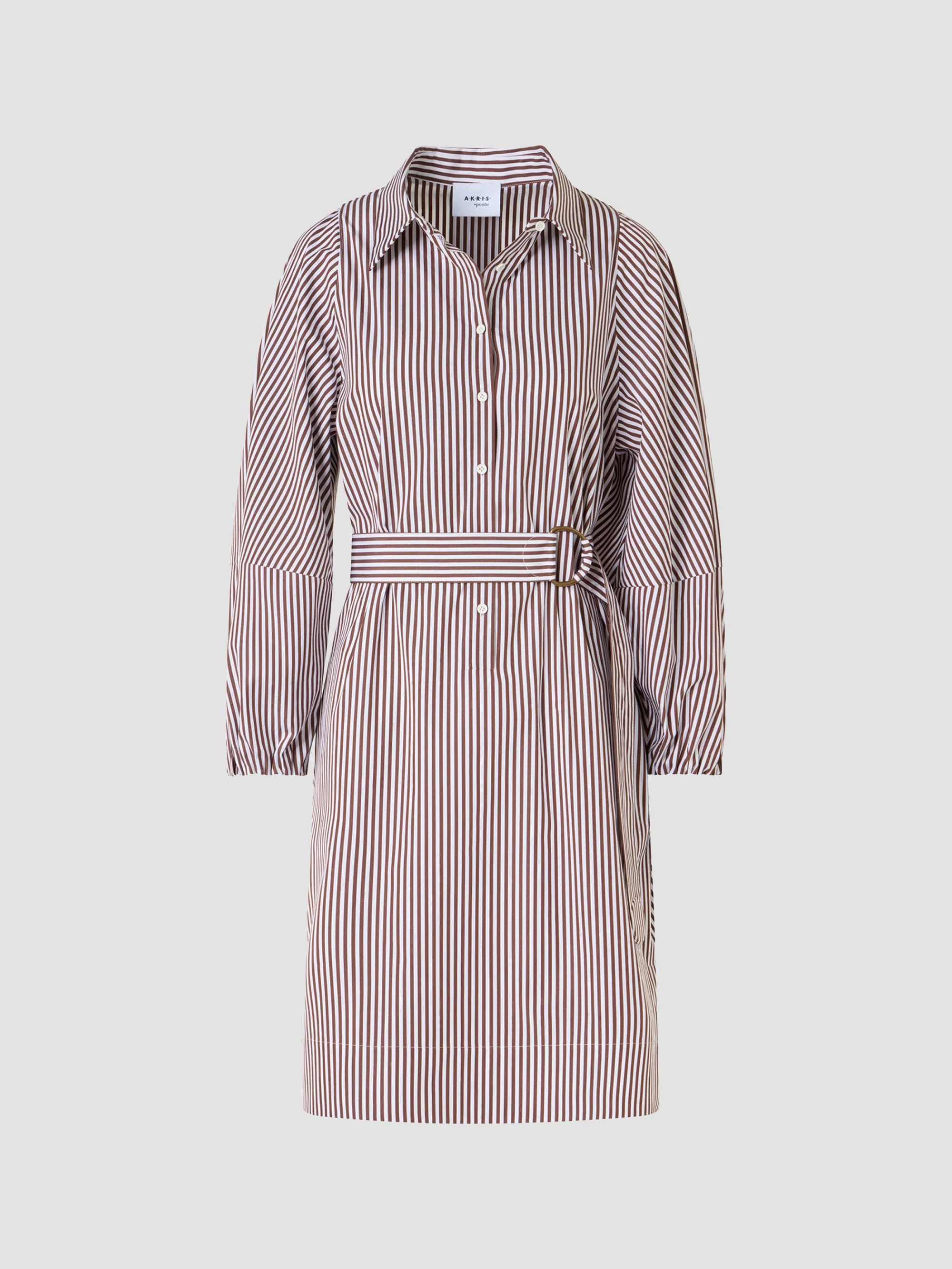 Women's Striped Cotton Belted Shirtdress - Mocca Cream - 1