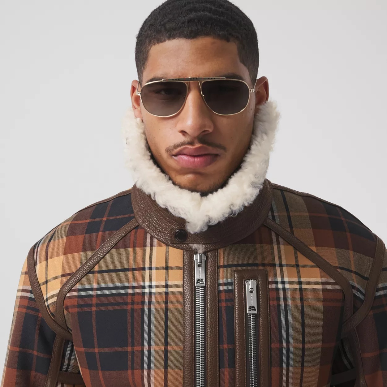 Leather Trim Check Wool and Shearling Flight Jacket - 5