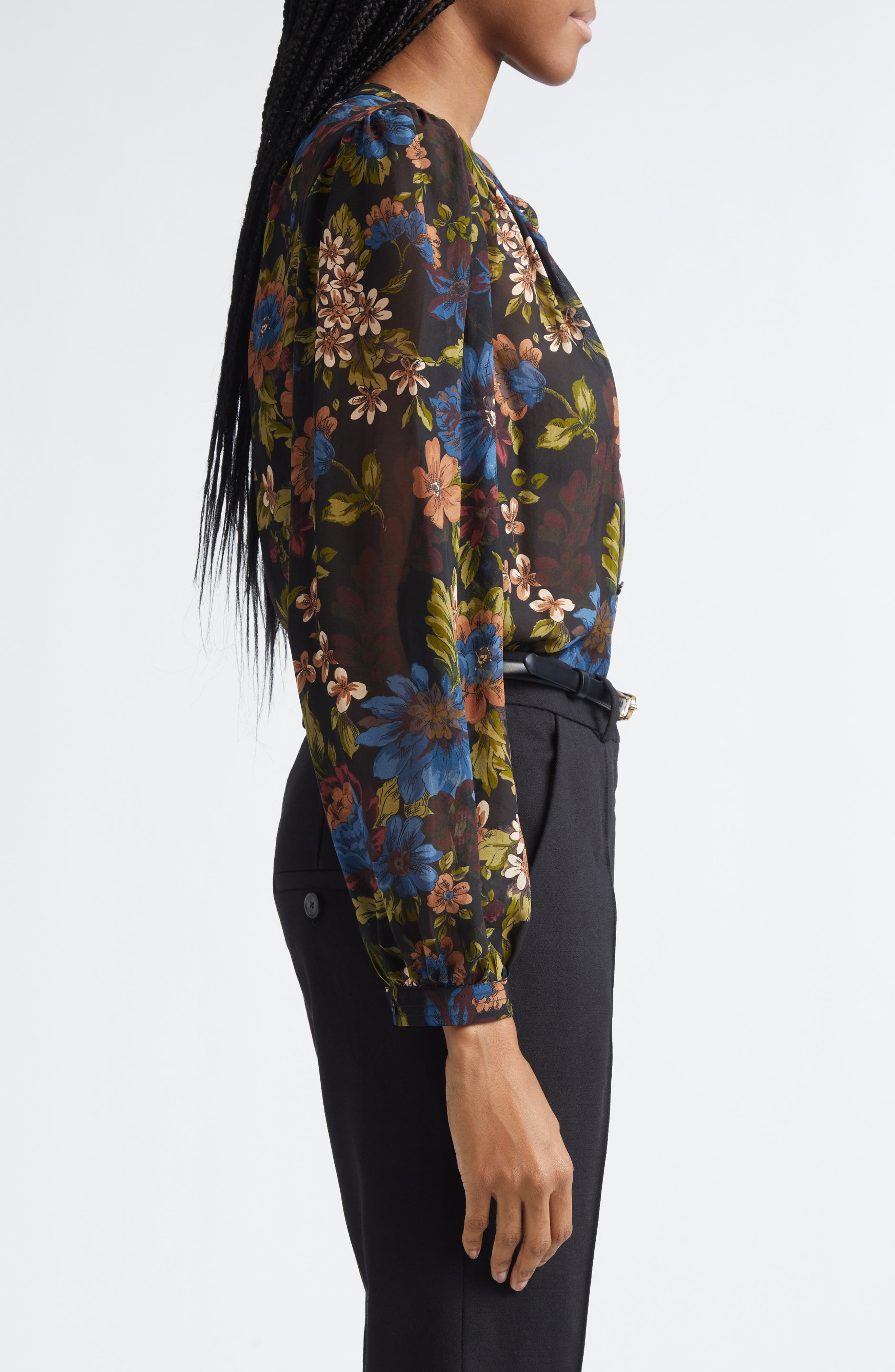 Veronica Beard Ashlynn Floral Pintuck Silk Top in Black Multi at Nordstrom - 4
