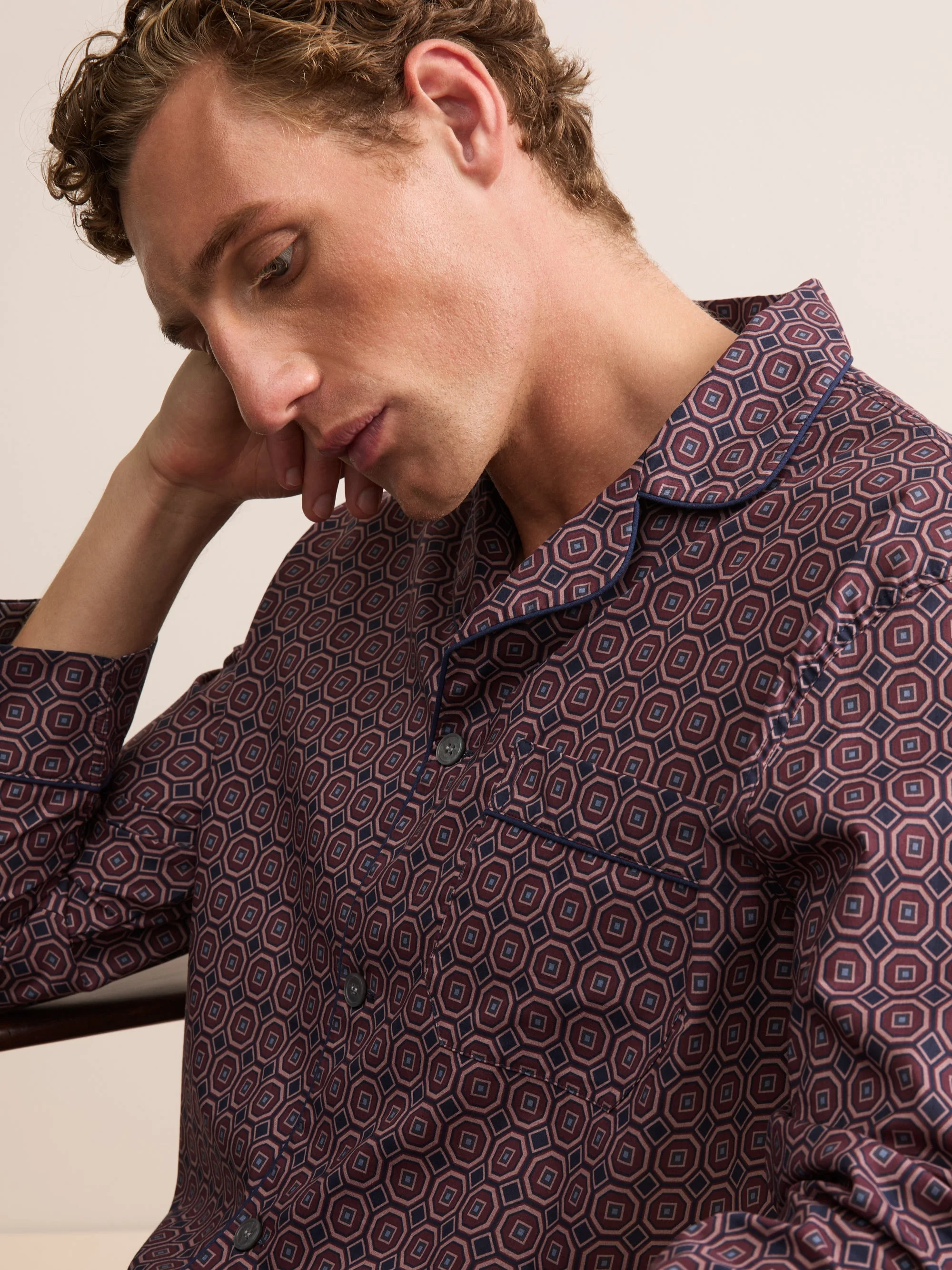 Ledbury Cotton Batiste Pajamas Night Navy & Wine Geo - 1