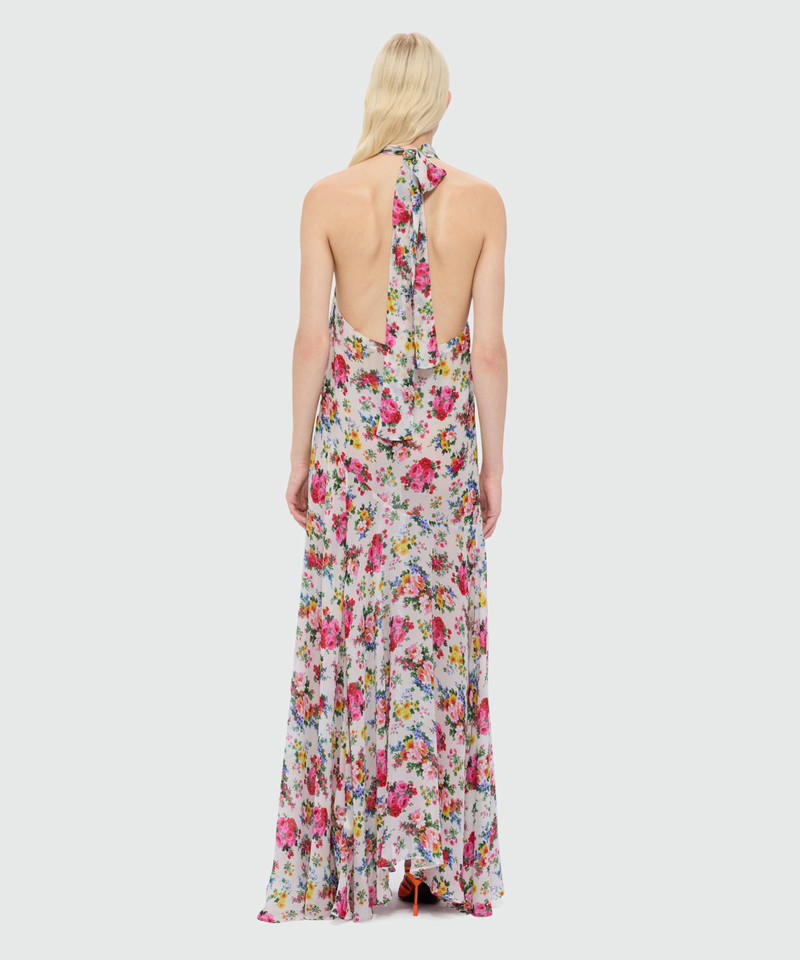 White long viscose georgette dress with floral print and pleated skirt 3