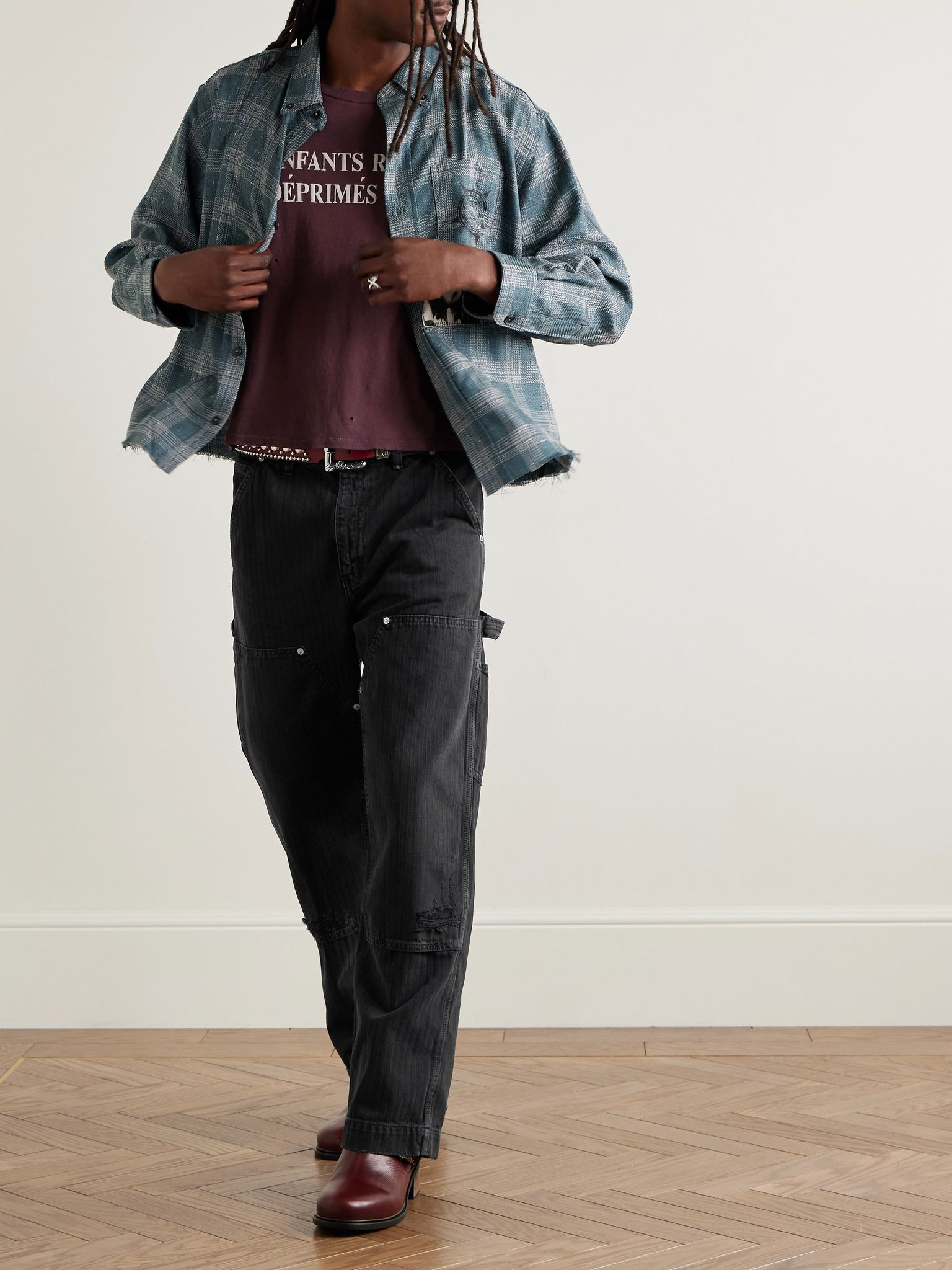 Straight-Leg Distressed Panelled Herringbone Denim Trousers Black - 2