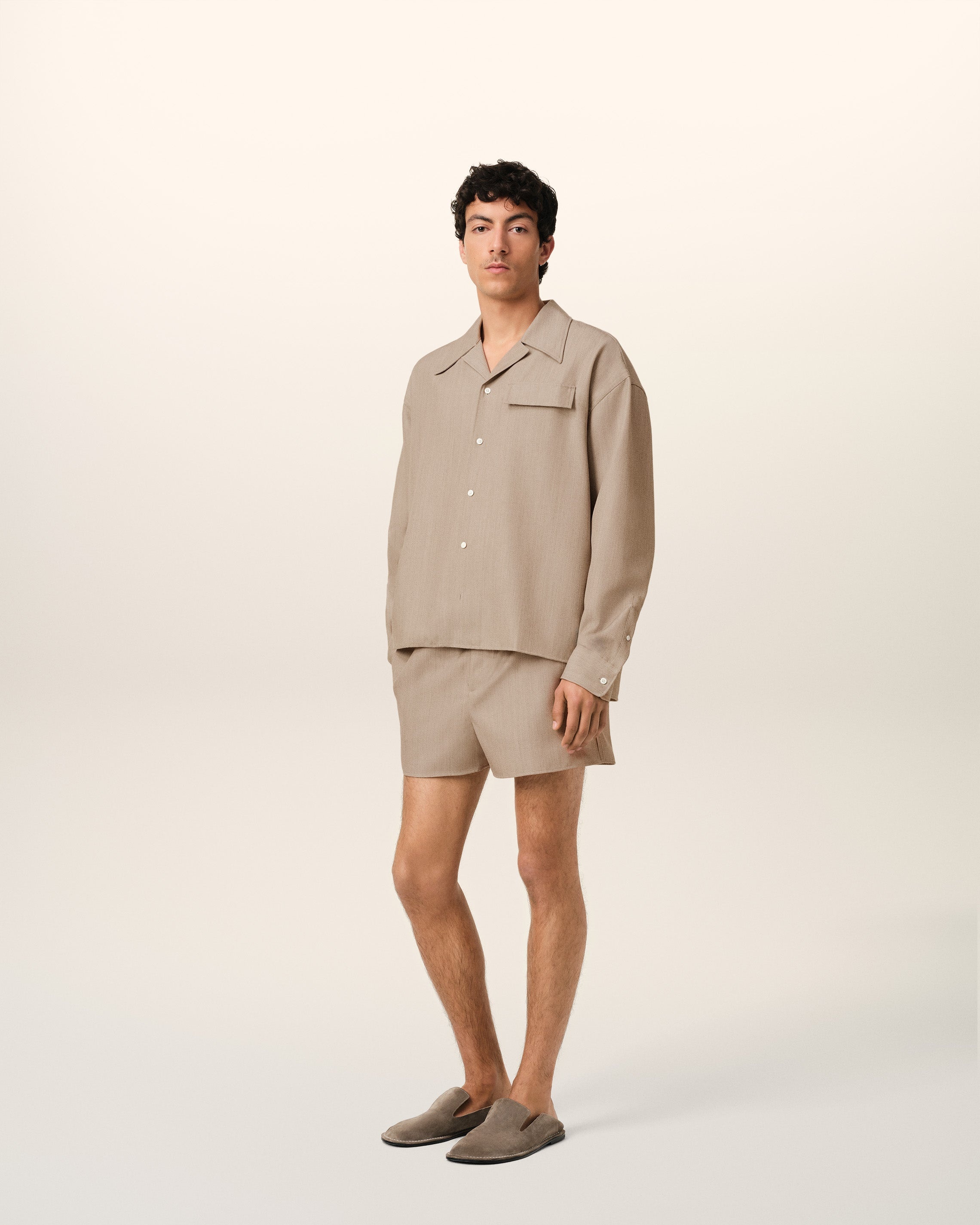 BEIGE WOOL LONG SLEEVE CAMP COLLAR OVERSHIRT - 6