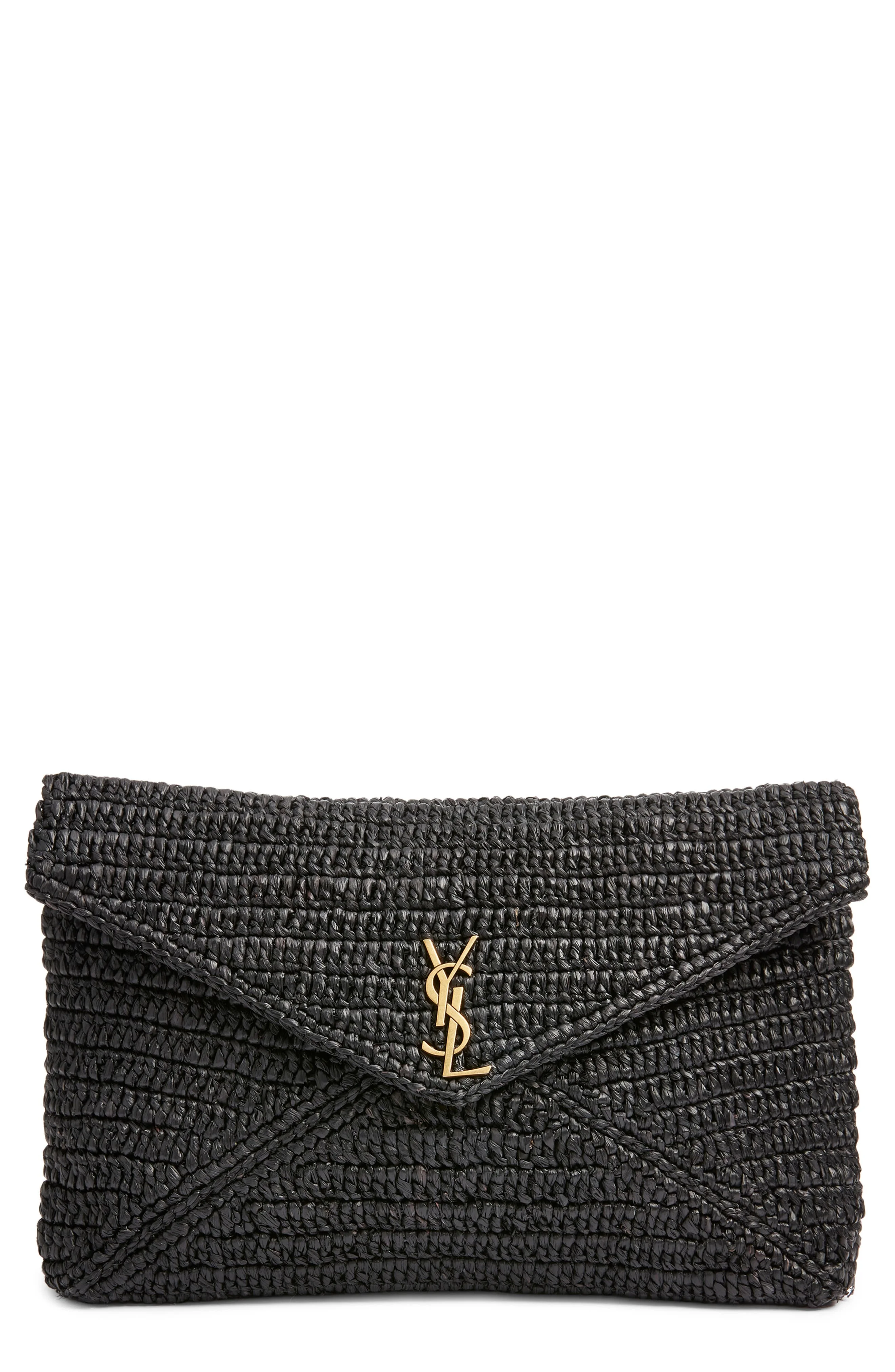 Saint Laurent Large Cassandre Raffia Envelope Clutch in Noir at Nordstrom - 1