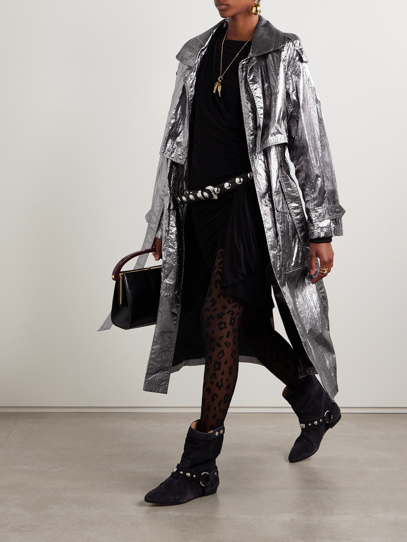 Isabel Marant Laika Belted Metallic Crinkled Recycled-shell Trench Coat outlook