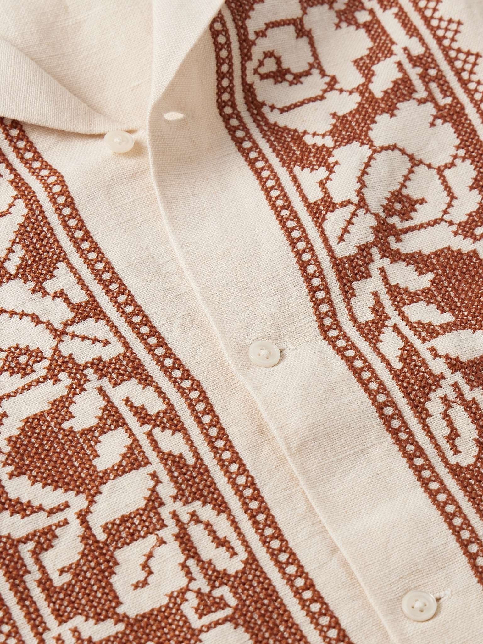 Rose Garland Camp-Collar Cross-Stitched Linen Shirt - 4