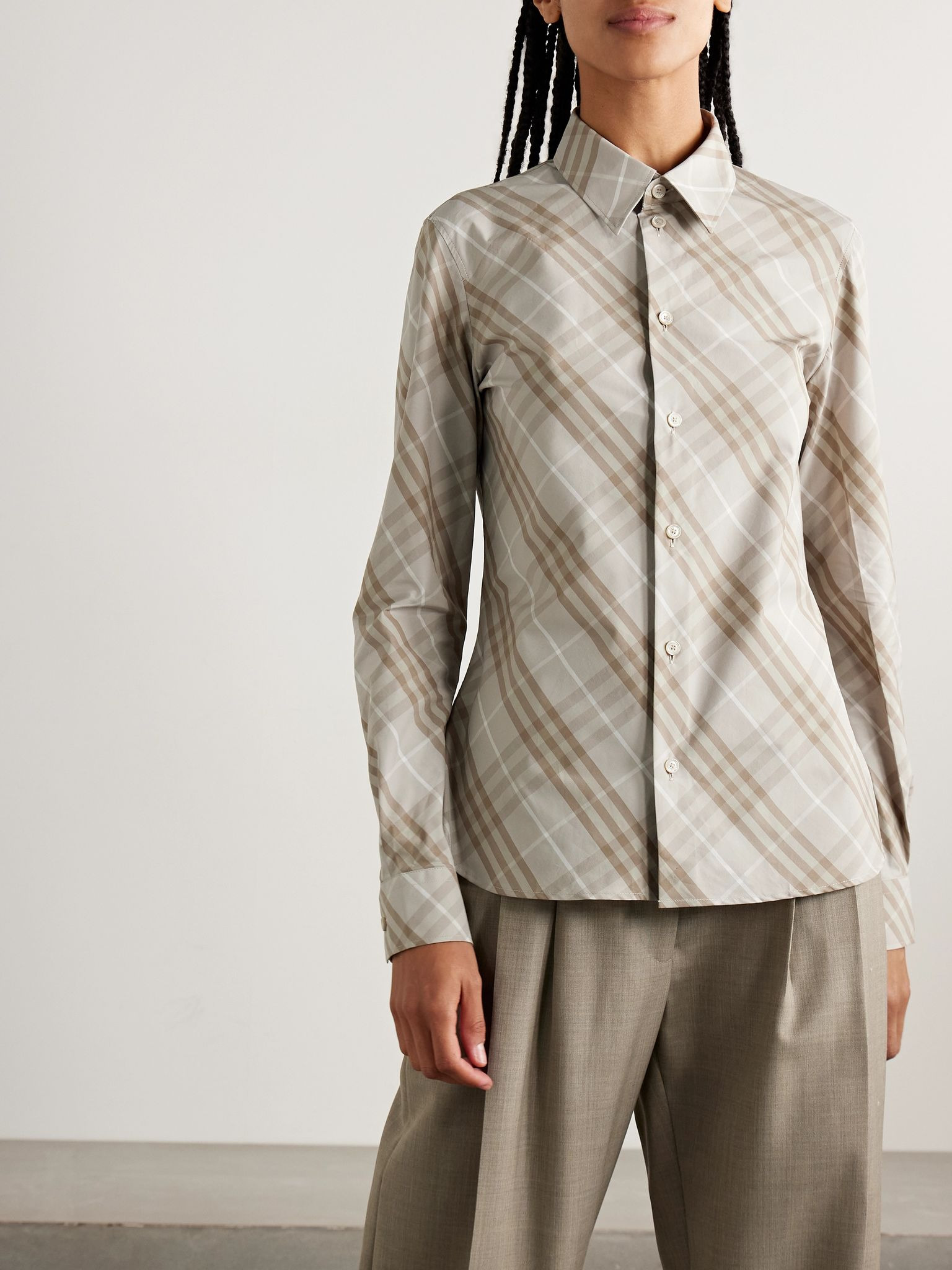 Checked cotton-poplin shirt Taupe - 3
