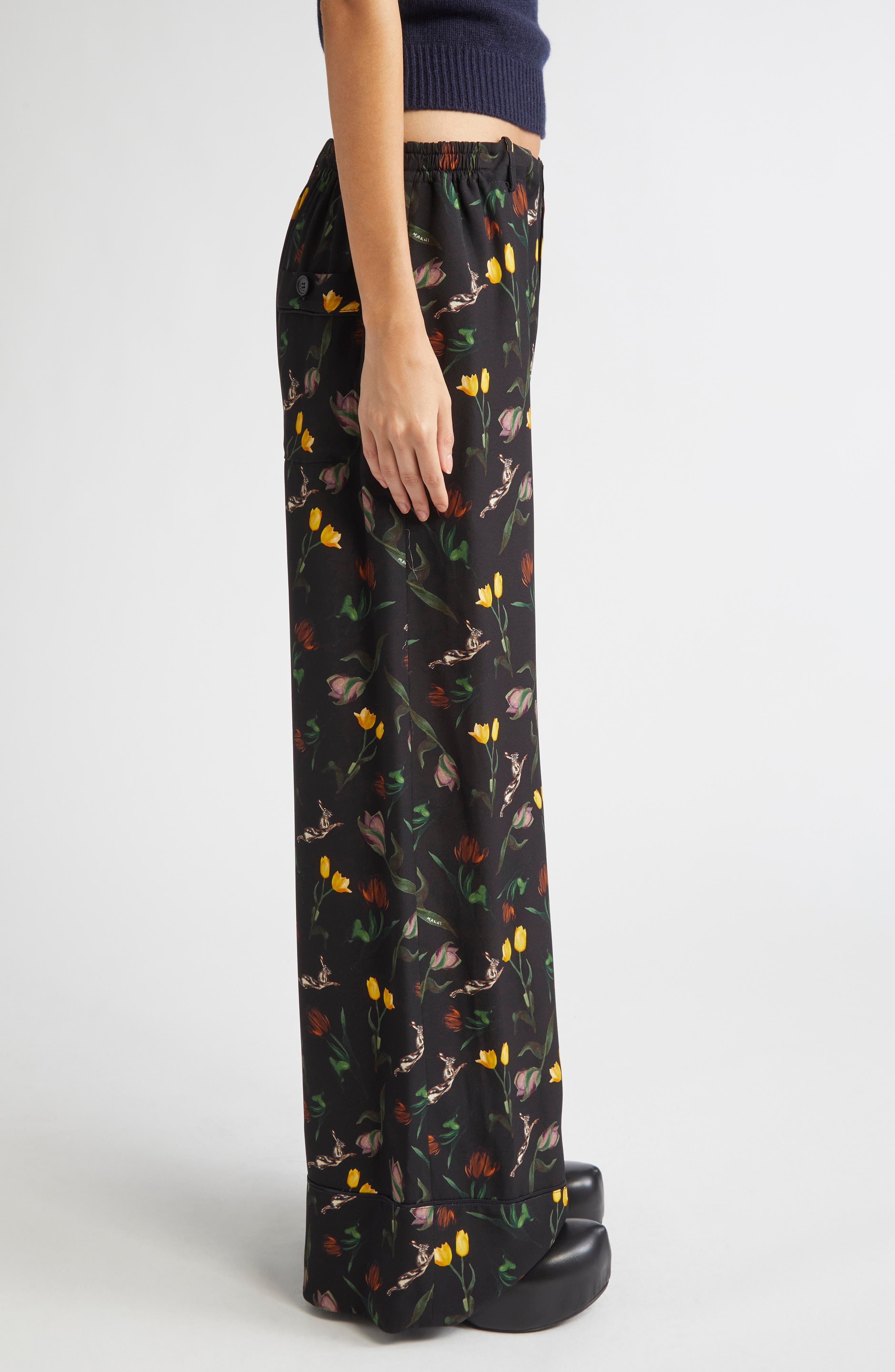 Marni Tulips & Hares Wide Leg Pajama Pants in Drn99 Black at Nordstrom - 4