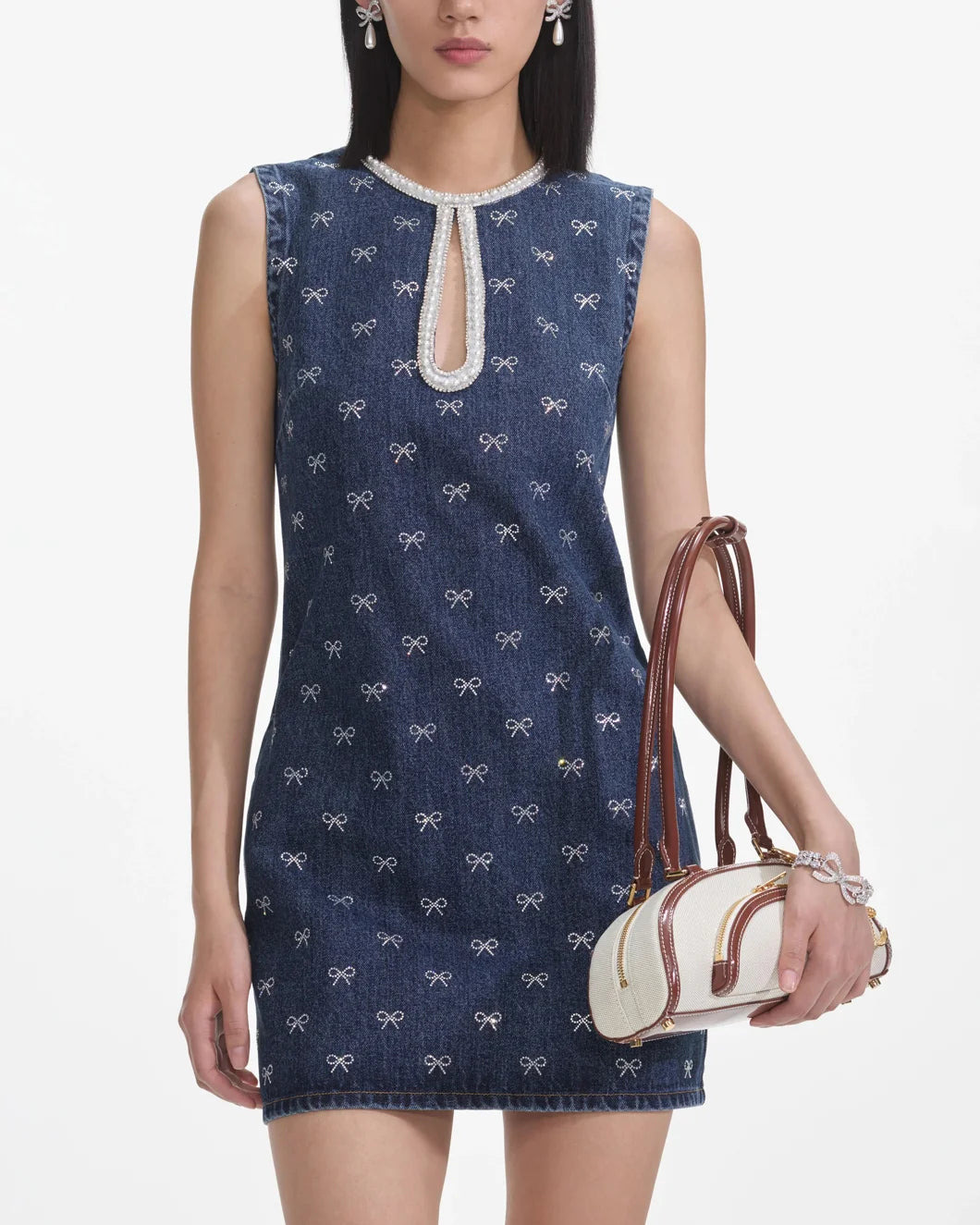 DENIM DIAMANTE BOW MINI DRESS - 5