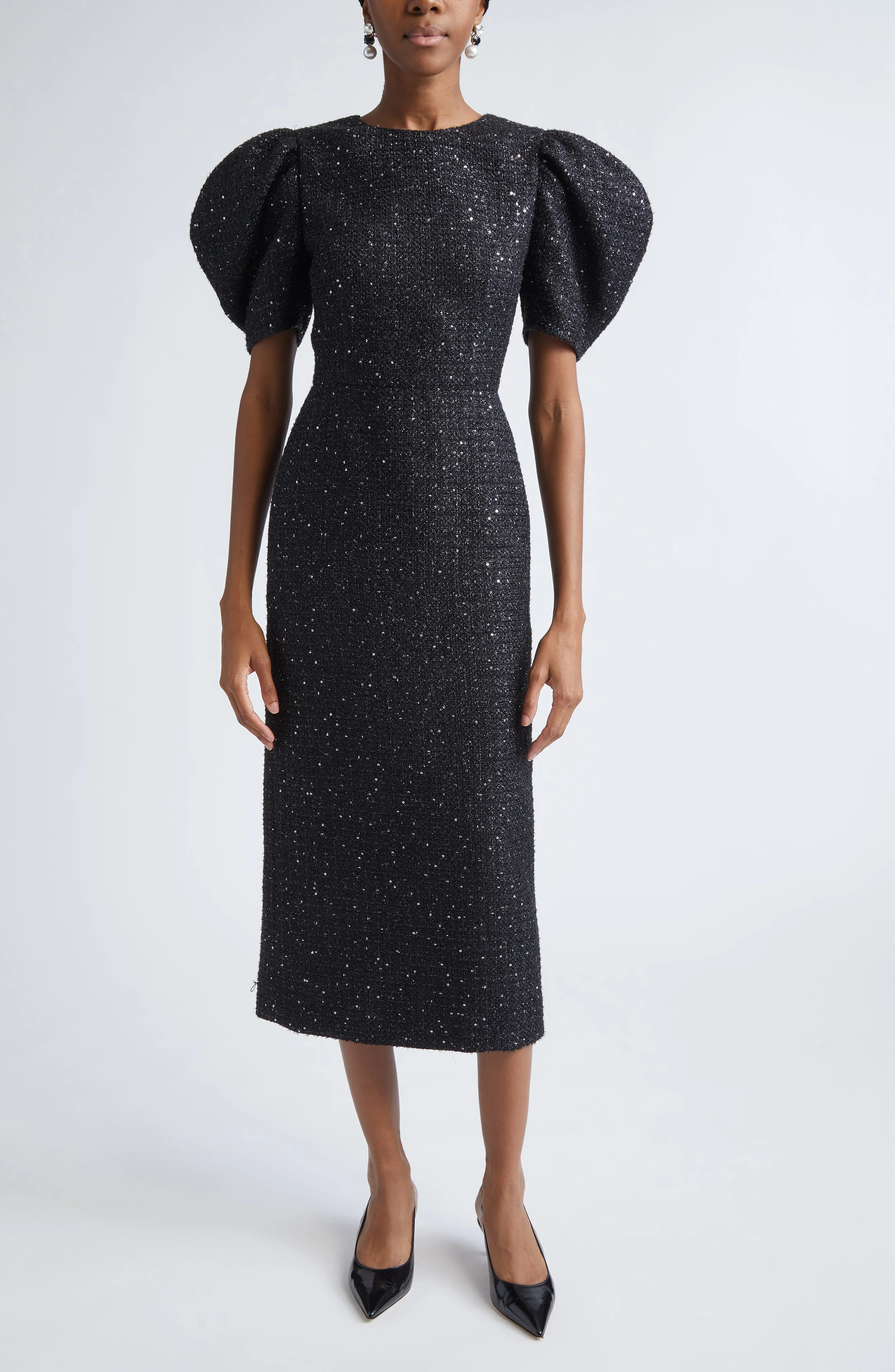 Carolina Herrera Puff Sleeve Metallic Tweed Sheath Dress in Black at Nordstrom - 1