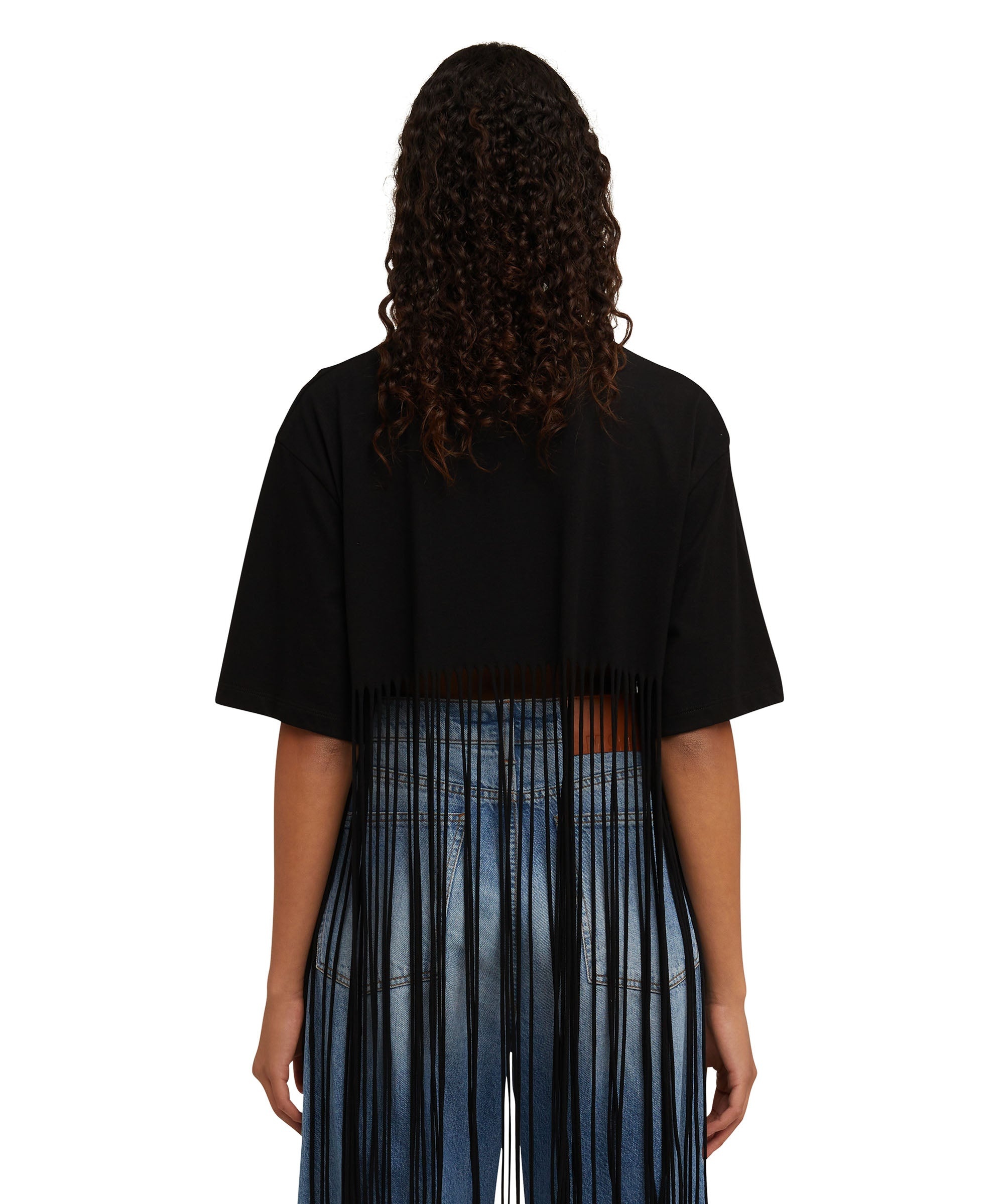 Cotton crewneck crop-top fringed t-shirt with "club paradiso" graphic - 3