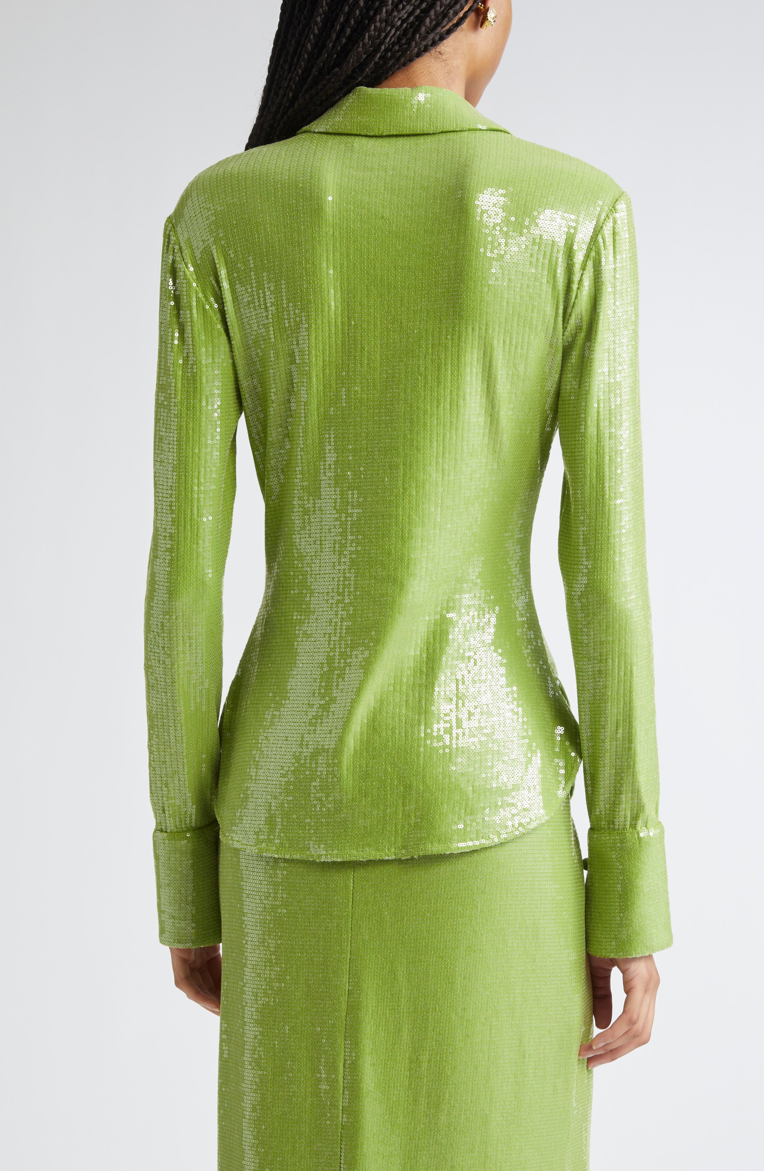 Oscar de la Renta Sequin Jersey Button-Up Shirt in Fern at Nordstrom - 3
