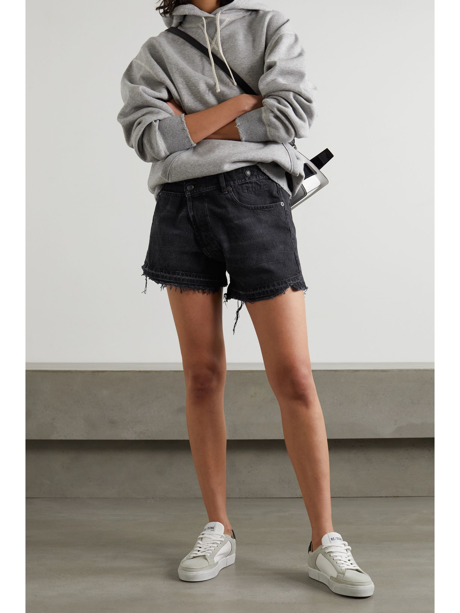 Crossover asymmetric distressed denim shorts Black - 2
