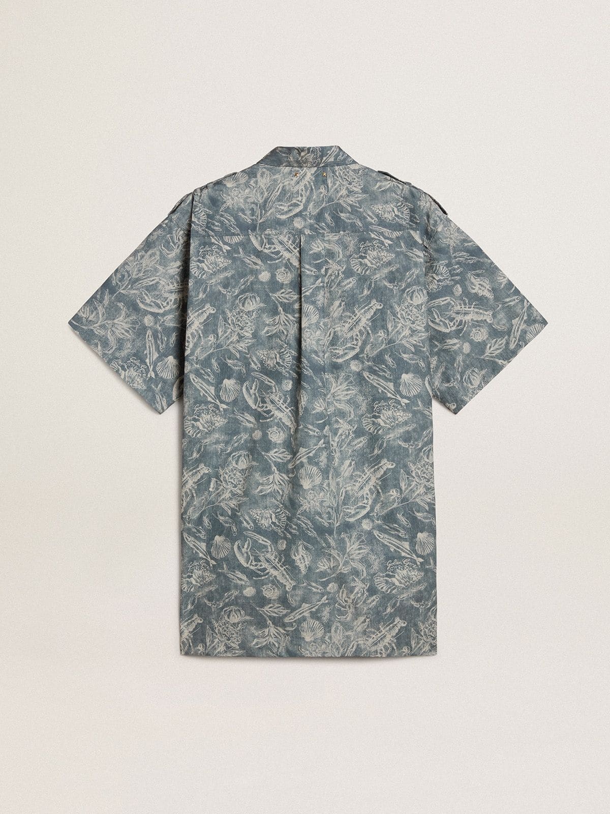 Women's short shirt dress in light blue cotton poplin with all-over marine print - 6