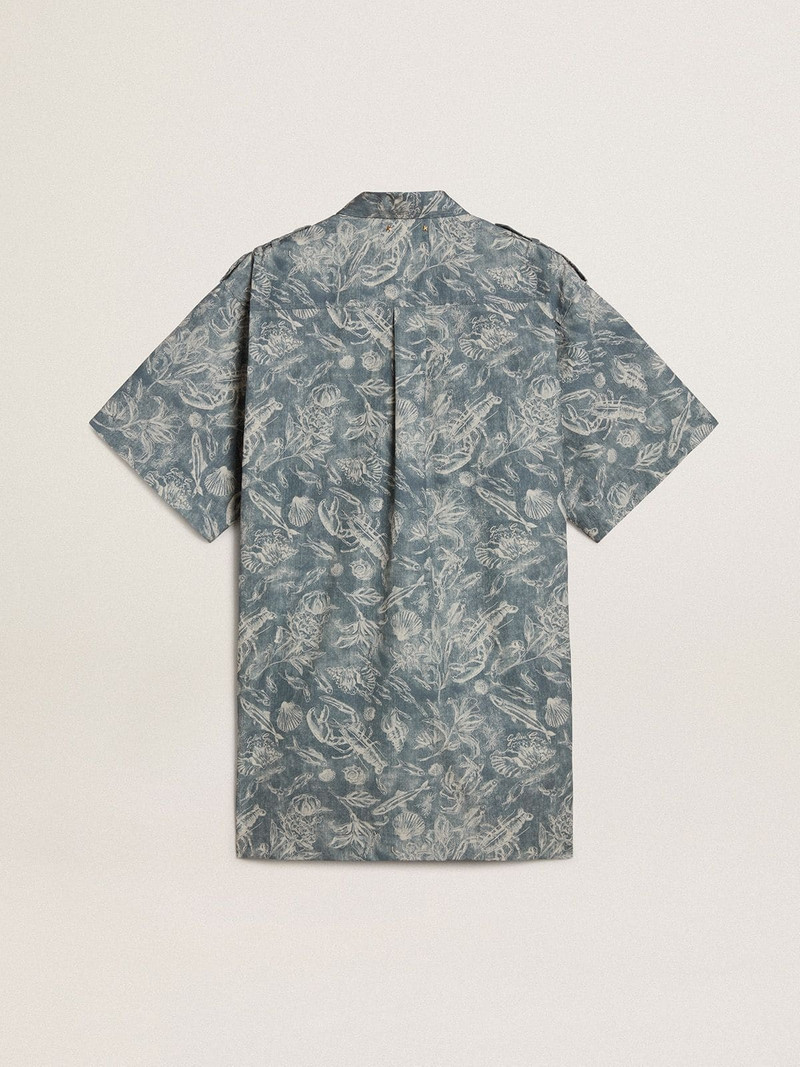 Women's short shirt dress in light blue cotton poplin with all-over marine print 6