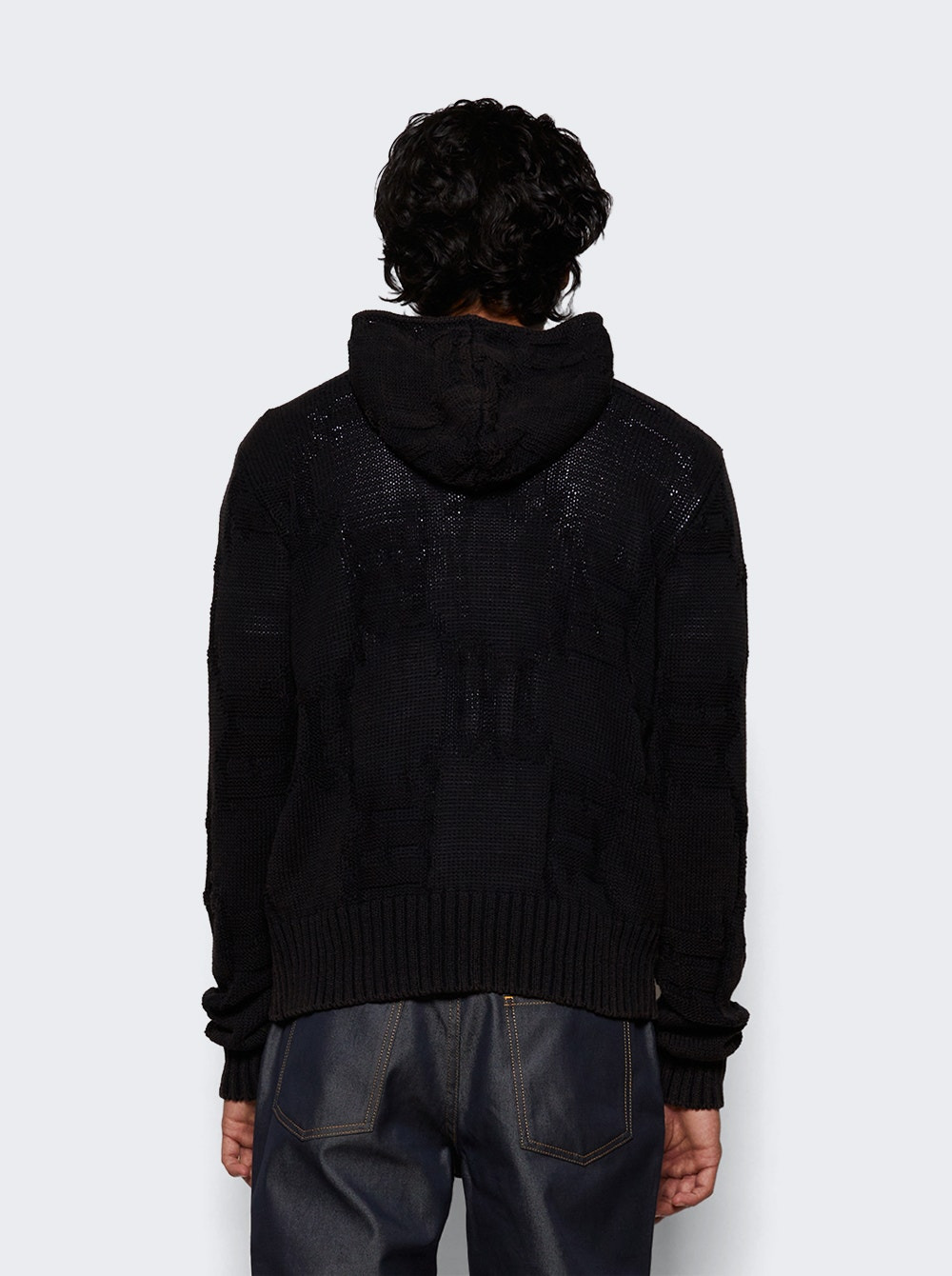 Acid Washed Knitted Hoodie Black - 5