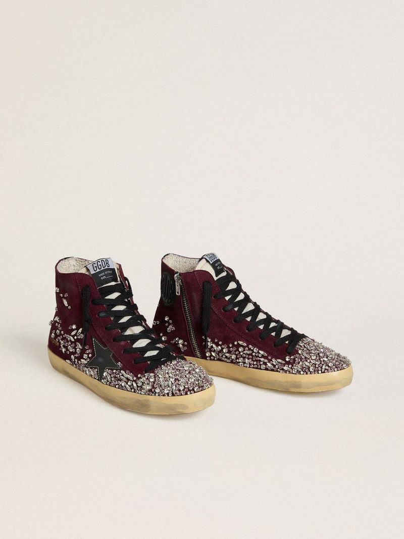 Golden Goose Women's Francy LAB in burgundy suede with glossy black leather star and rhinestones outlook