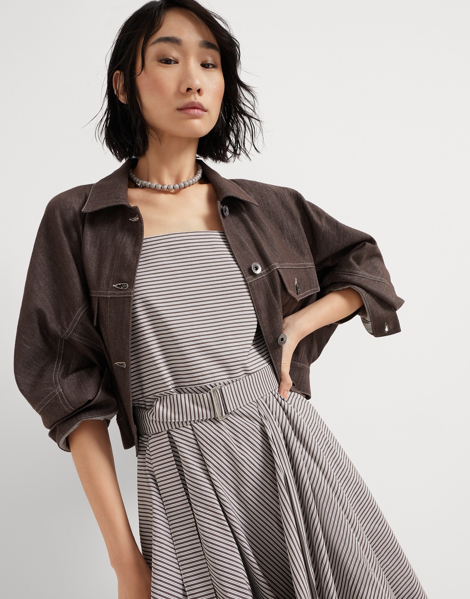 Multi-stripe cotton poplin belted bubble hem dress - 4