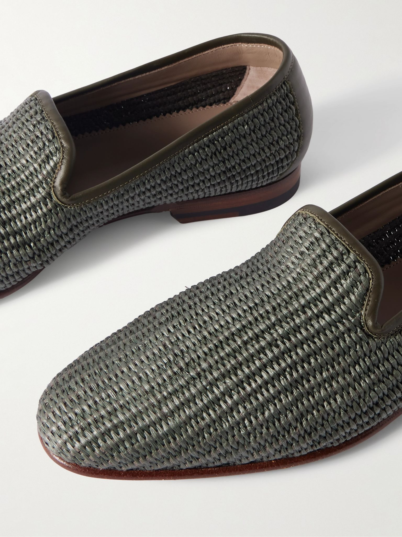 Mario Leather-Trimmed Raffia Loafers Dark green - 5