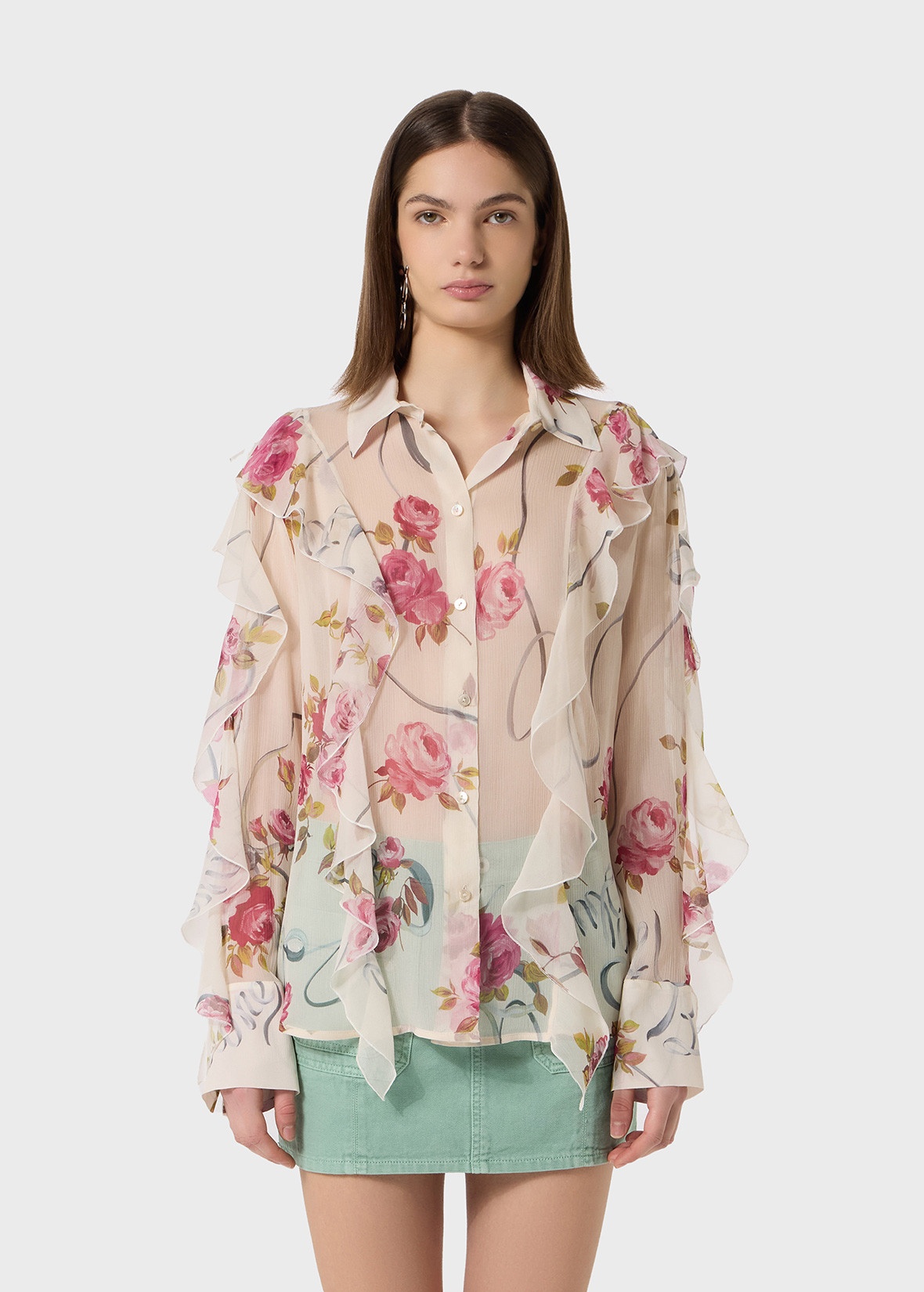 PRINTED CREPONNE SHIRT WITH RUFFLES - 3