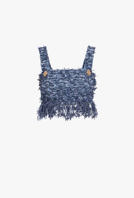 Cropped blue tweed sports bra top with fringe - 1