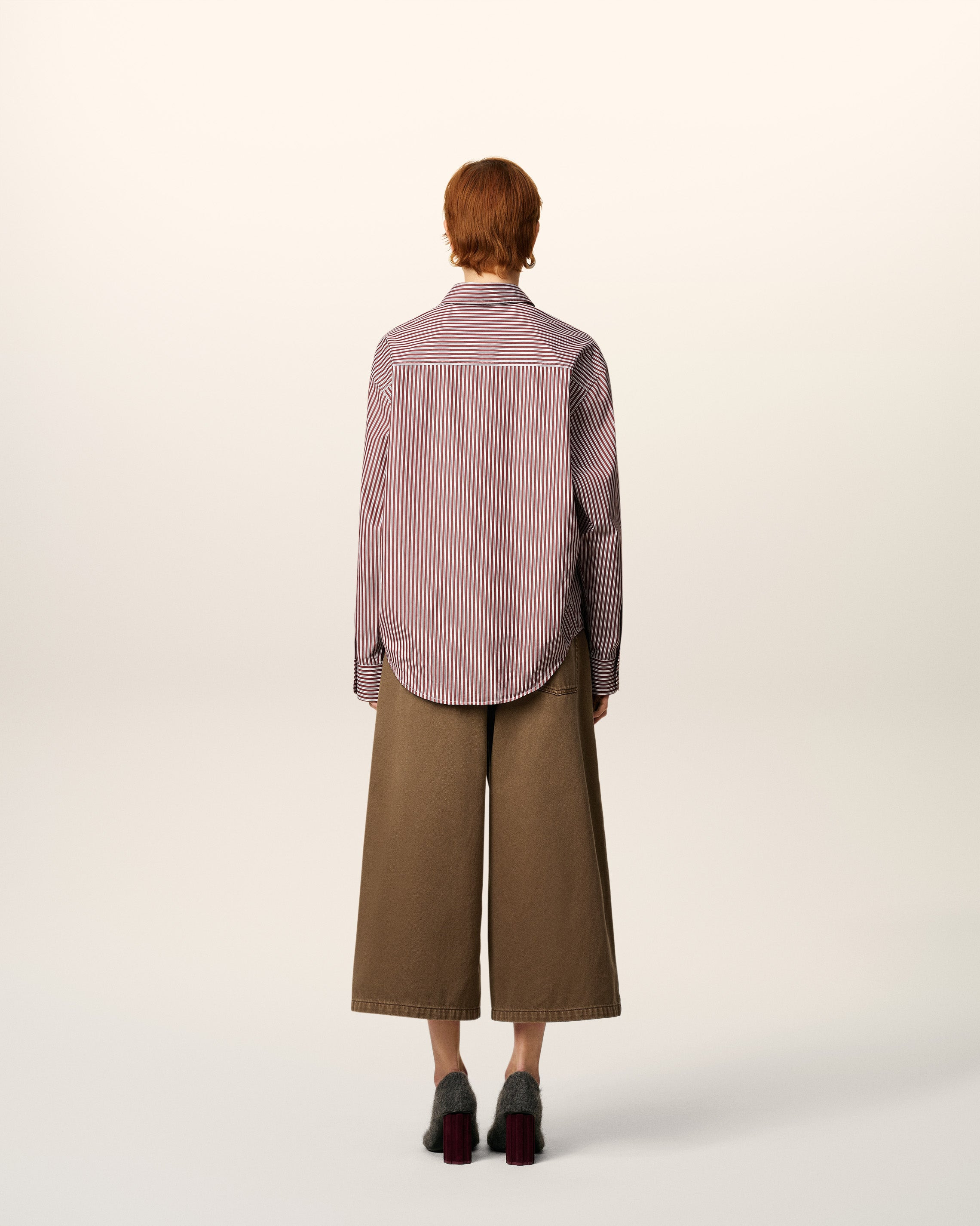 BURGUNDY COTTON EMBOSSED AMI DE COEUR STRIPED BOXY SHIRT - 5