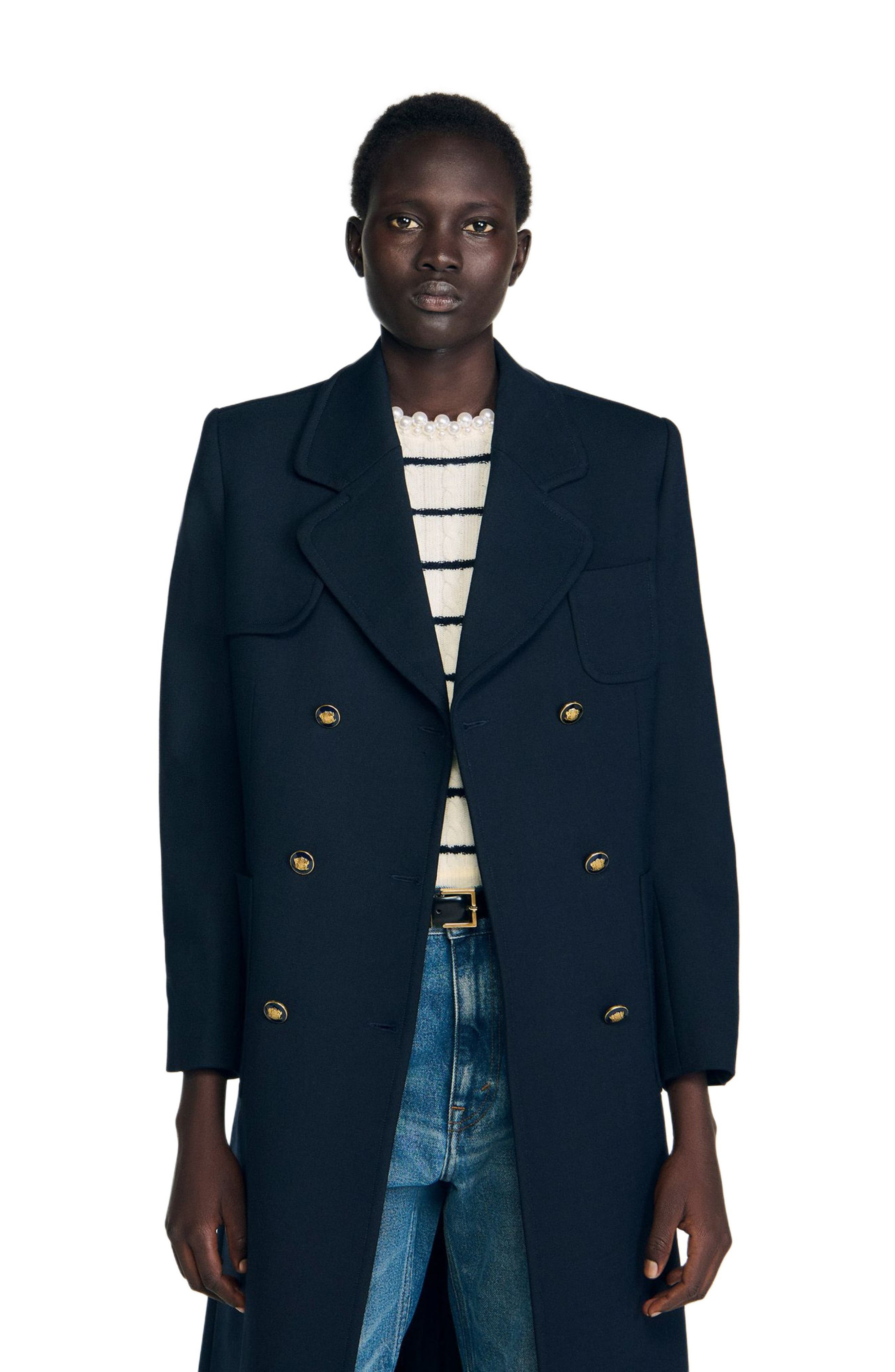 SANDRO Long double-breasted coat in Navy Blue at Nordstrom - 4