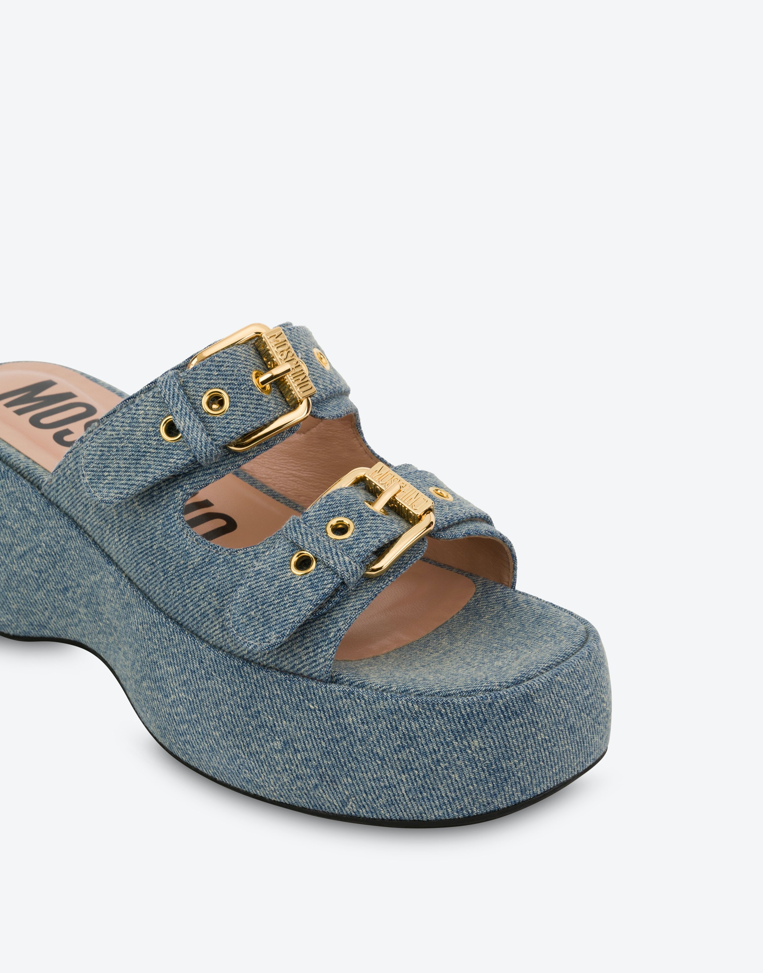 MOSCHINO BUCKLES DENIM PLATFORM SANDALS - 4