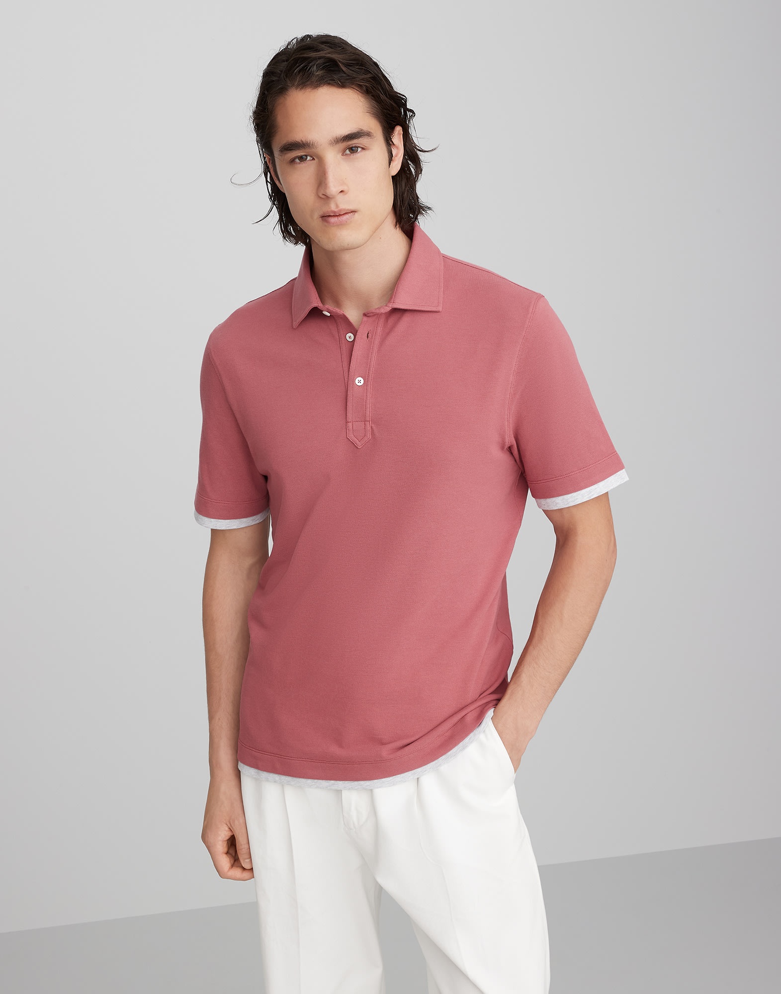 Cotton piqué shirt-style collar polo with faux-layering - 1