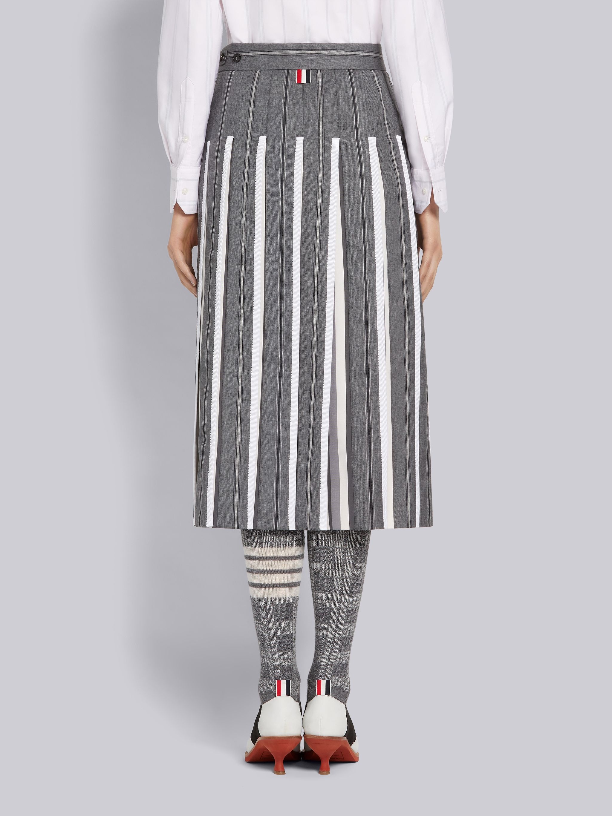 Medium Grey Alternating Stripe Wool Suiting Dropped Back Below-the-Knee Pleated Skirt With Grosgrain - 3
