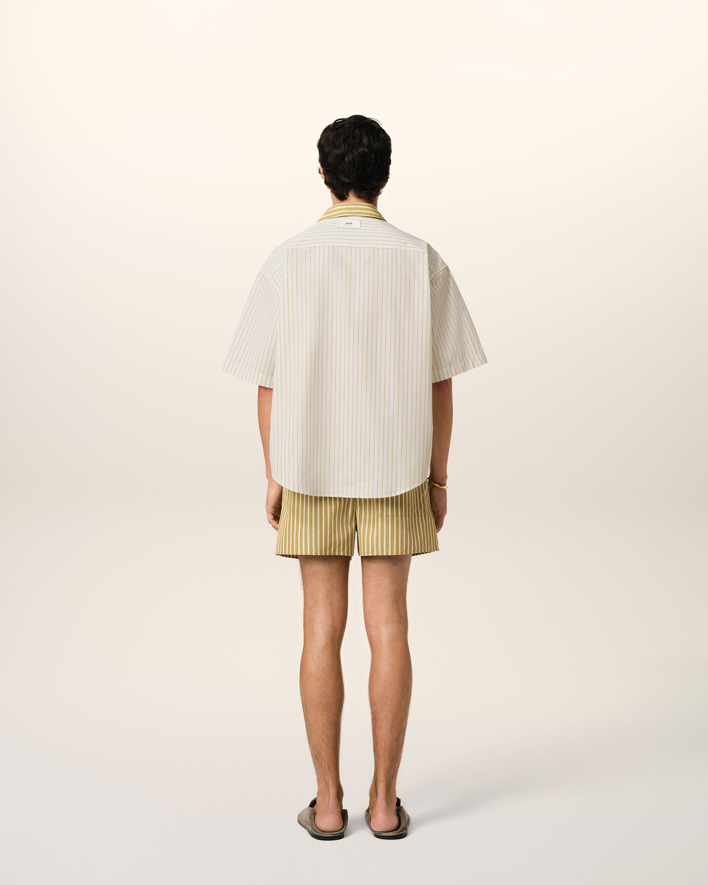 WHITE AND KHAKI COTTON SHORT SLEEVE BOXY SHIRT - 5